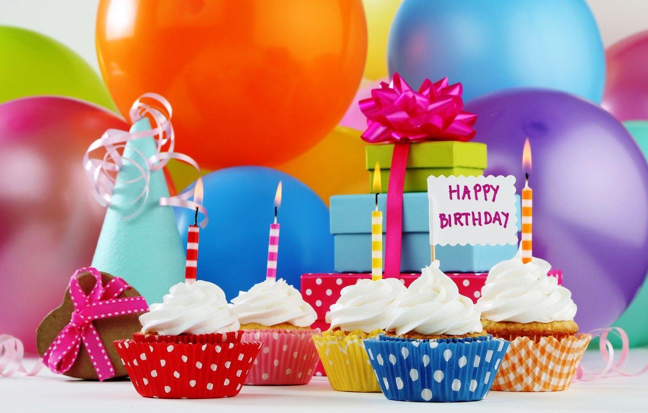 1332x850 Wallpaper gifts, candles, cupcake, balls, cupcakes, Happy Birthday
