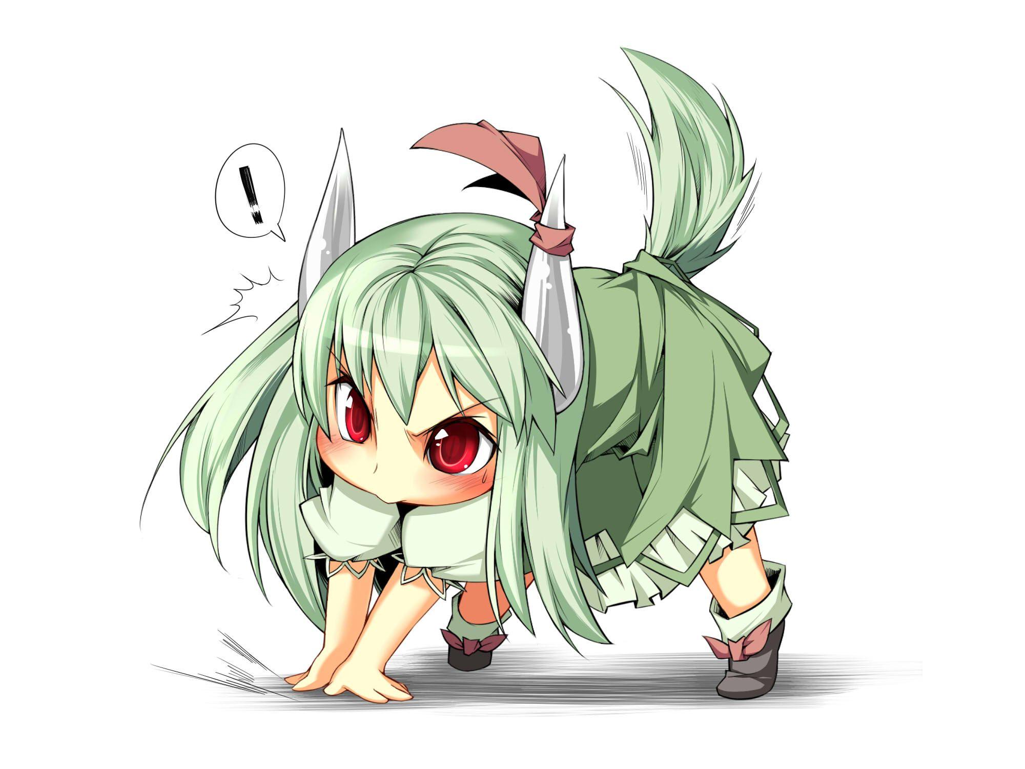 2000x1500 blush chibi dress ex keine green hair horns kamishirasawa keine