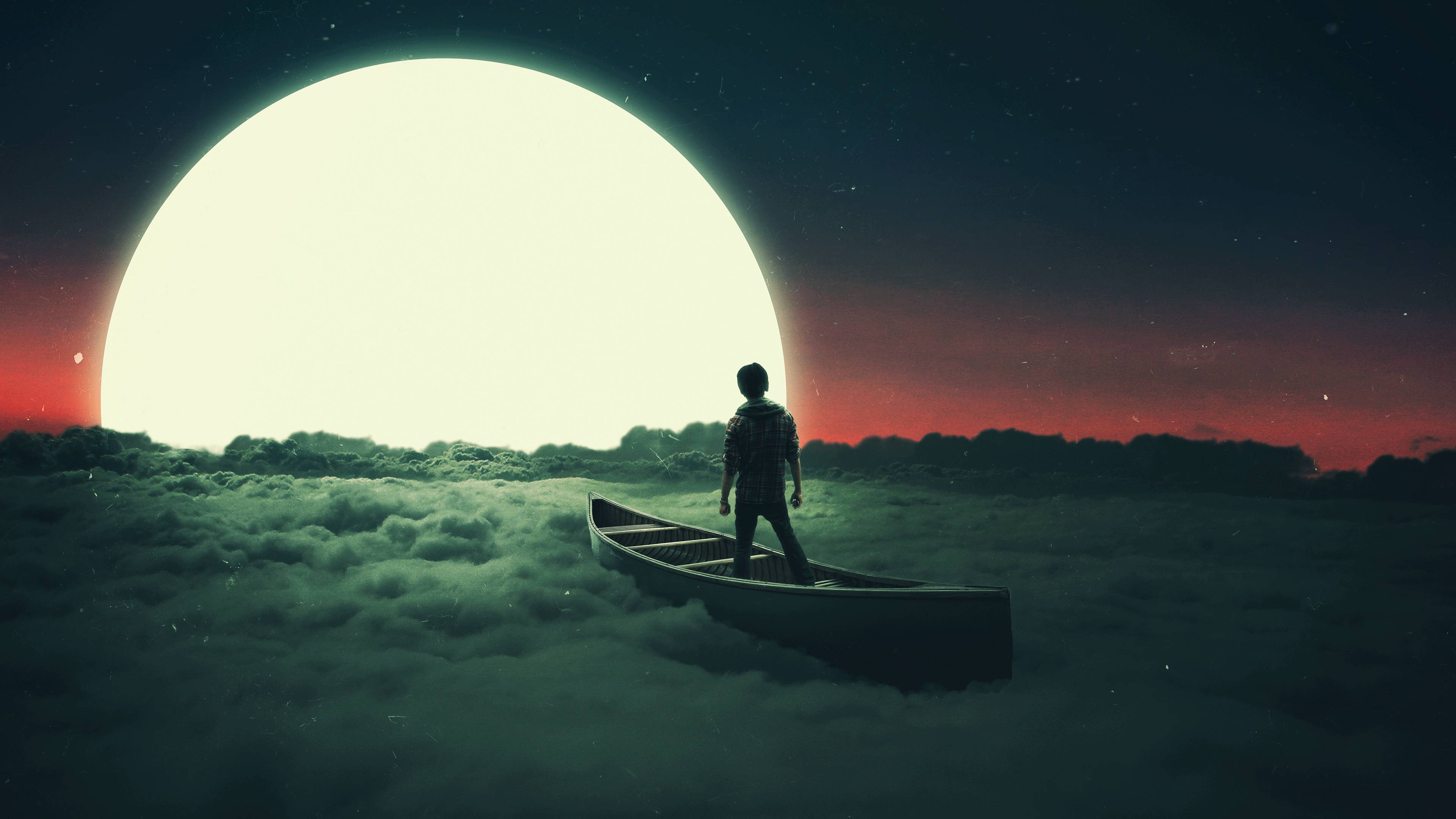 3840x2160 Moon Dream in Flying Boat 4K Wallpaper