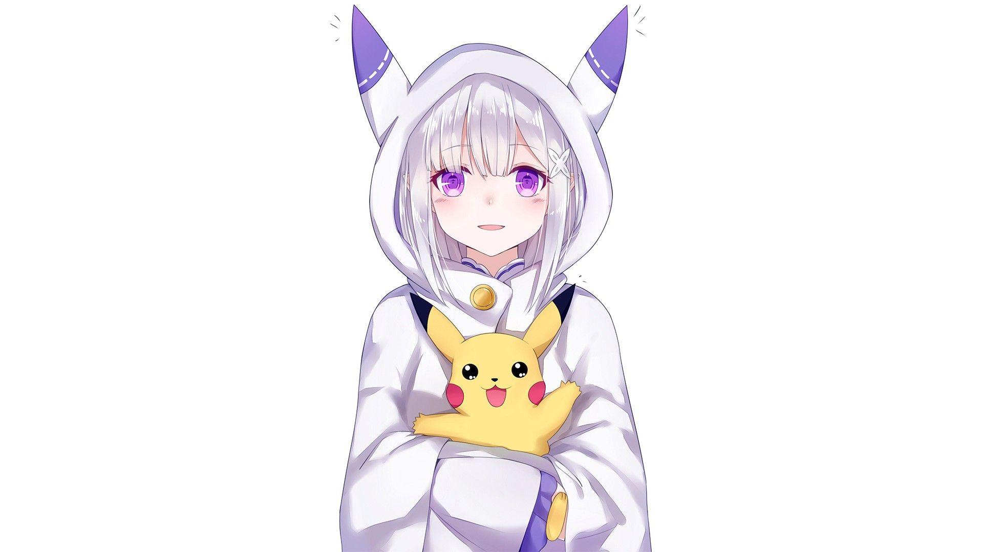 1920x1080 Emiria (Re:Zero), Re: Zero Kara Hajimeru Isekai Seikatsu, Pokémon, Pikachu, White background, Anime, Anime girls, Emilia (Re: Zero) Wallpaper HD / Desktop and Mobile Background