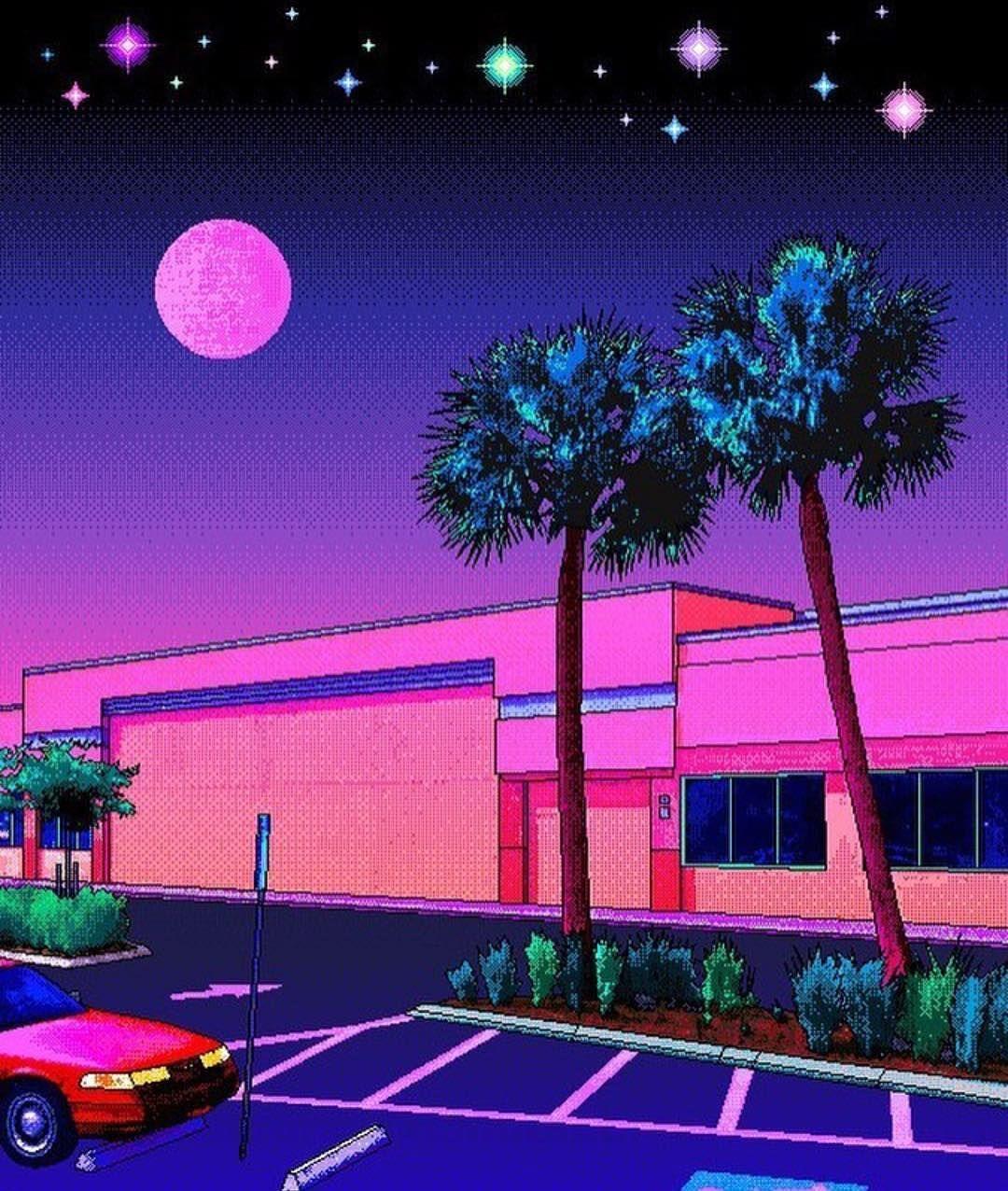 1080x1276 Pixel Art Oldschool moon trees palms market shop mall. Synthwave