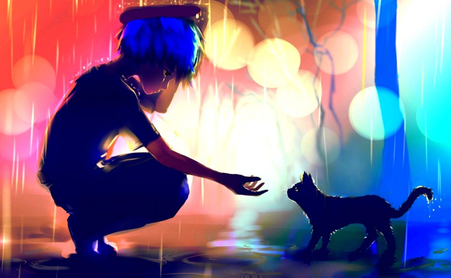 1545x955 Art Boy Cat Rain Anime HD Wallpaper
