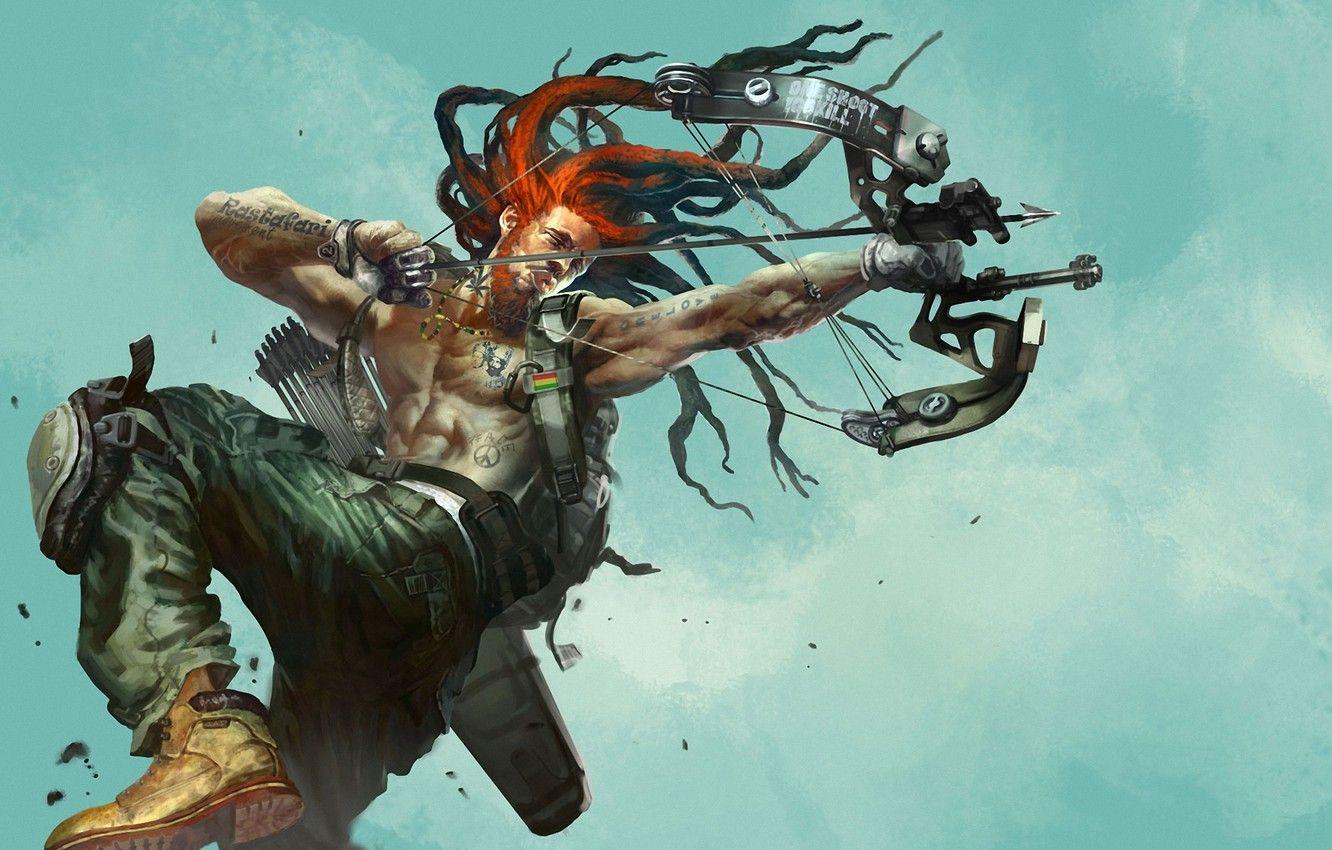 1332x850 Wallpaper metal, weapons, jump, bow, tattoo, art, male, tattoo