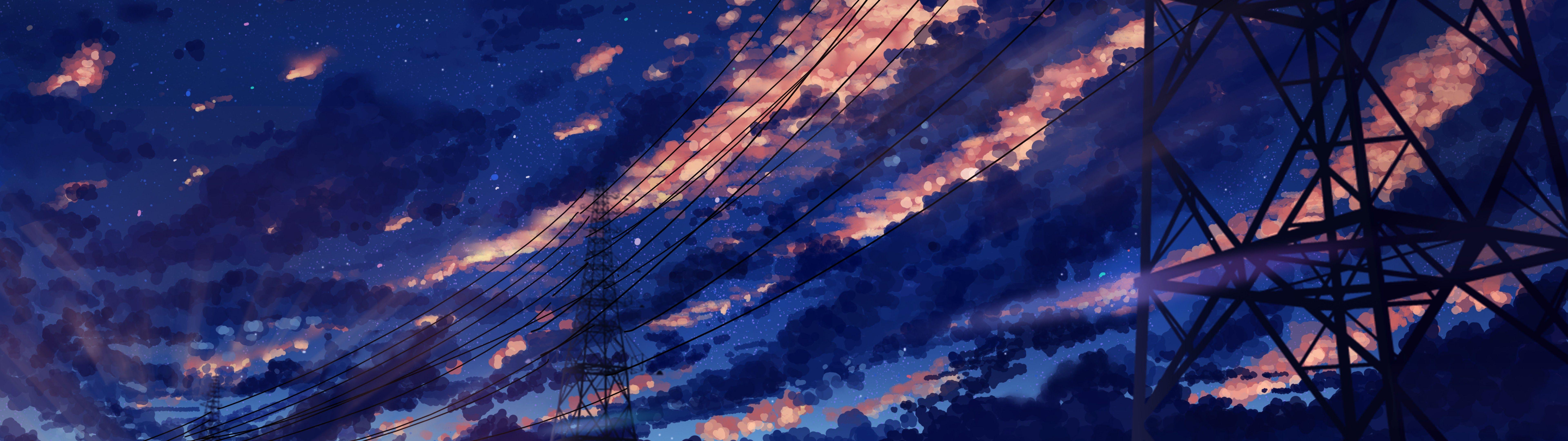 7680x2160 Sky Clouds Sunrise Scenery Anime 8K Wallpaper