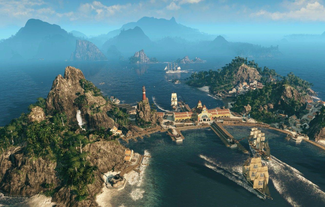 1332x850 Wallpaper sea, mountains, ships, simulator, Gamescom Anno