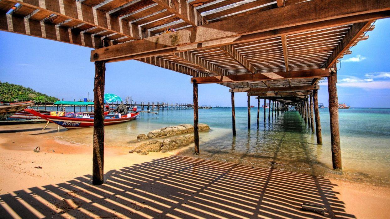 1244x700 Thai beach bridge boats nature world wallpaperx1080