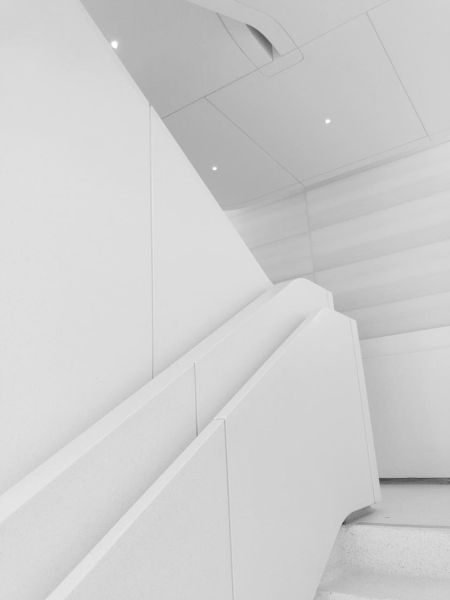 910x1213 HD wallpaper: white tinted wall, stair, minimal, low contrast, minimalism, black and white