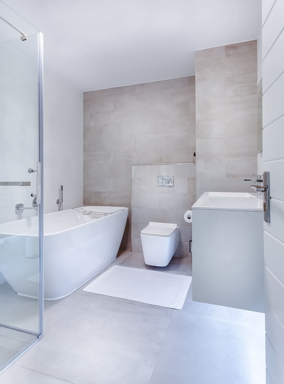 910x1229 HD wallpaper: white ceramic bath tub near toiley, modern