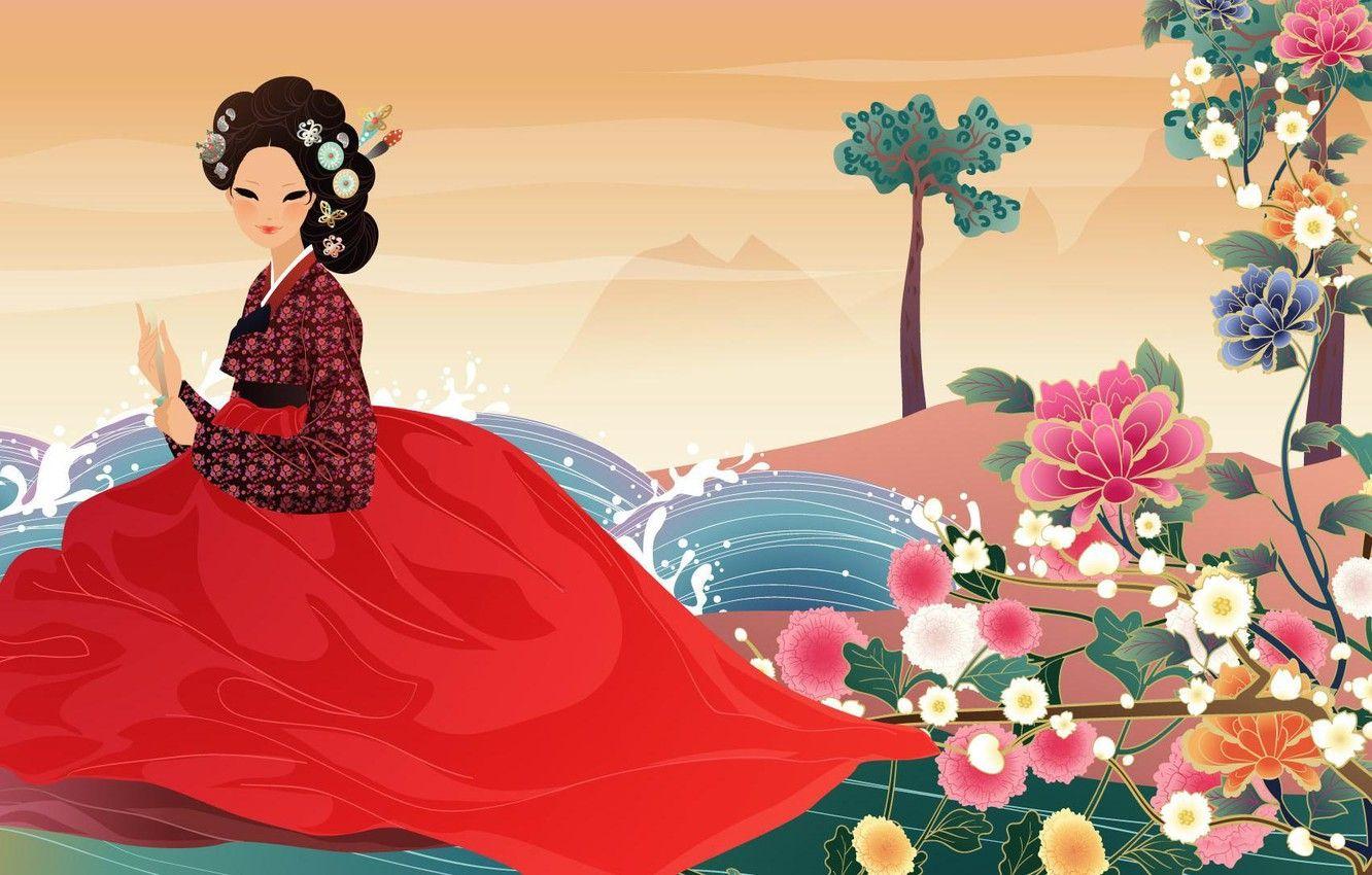 1332x850 Wallpaper flowers, fan, water, girl, art, hanbok, Asian image