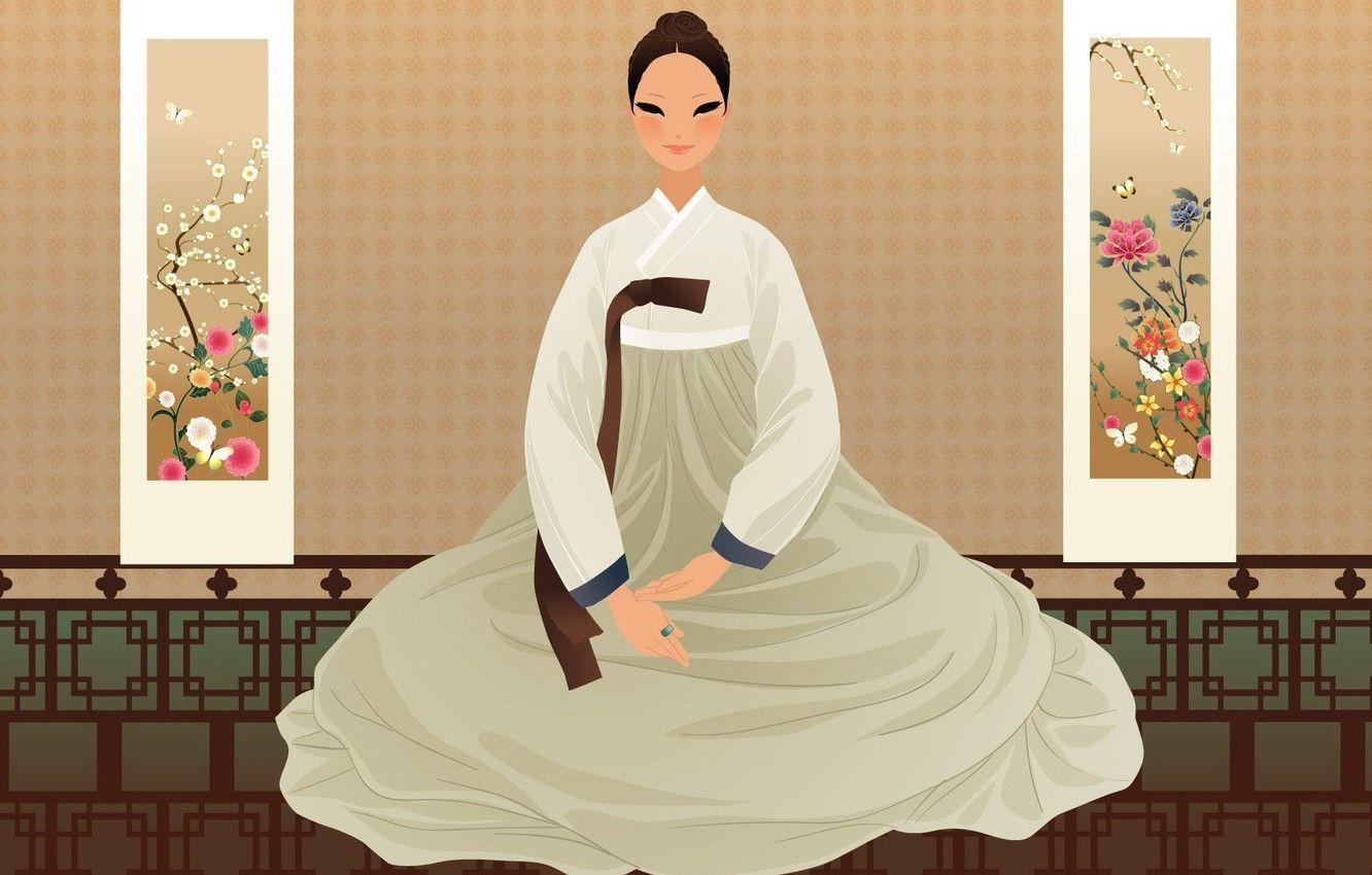 1332x850 Wallpaper girl, flowers, art, Asian, hanbok image for desktop