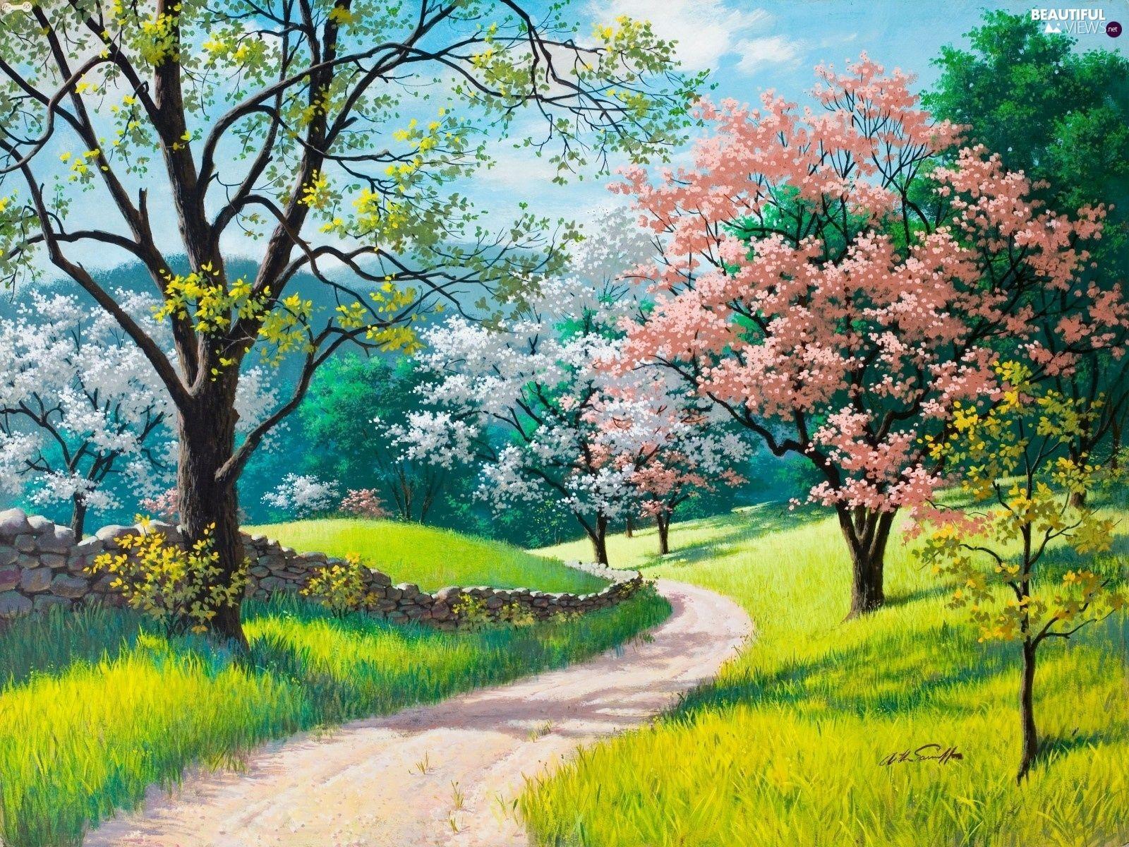 1600x1200 viewes, Spring, flourishing, trees, Way views