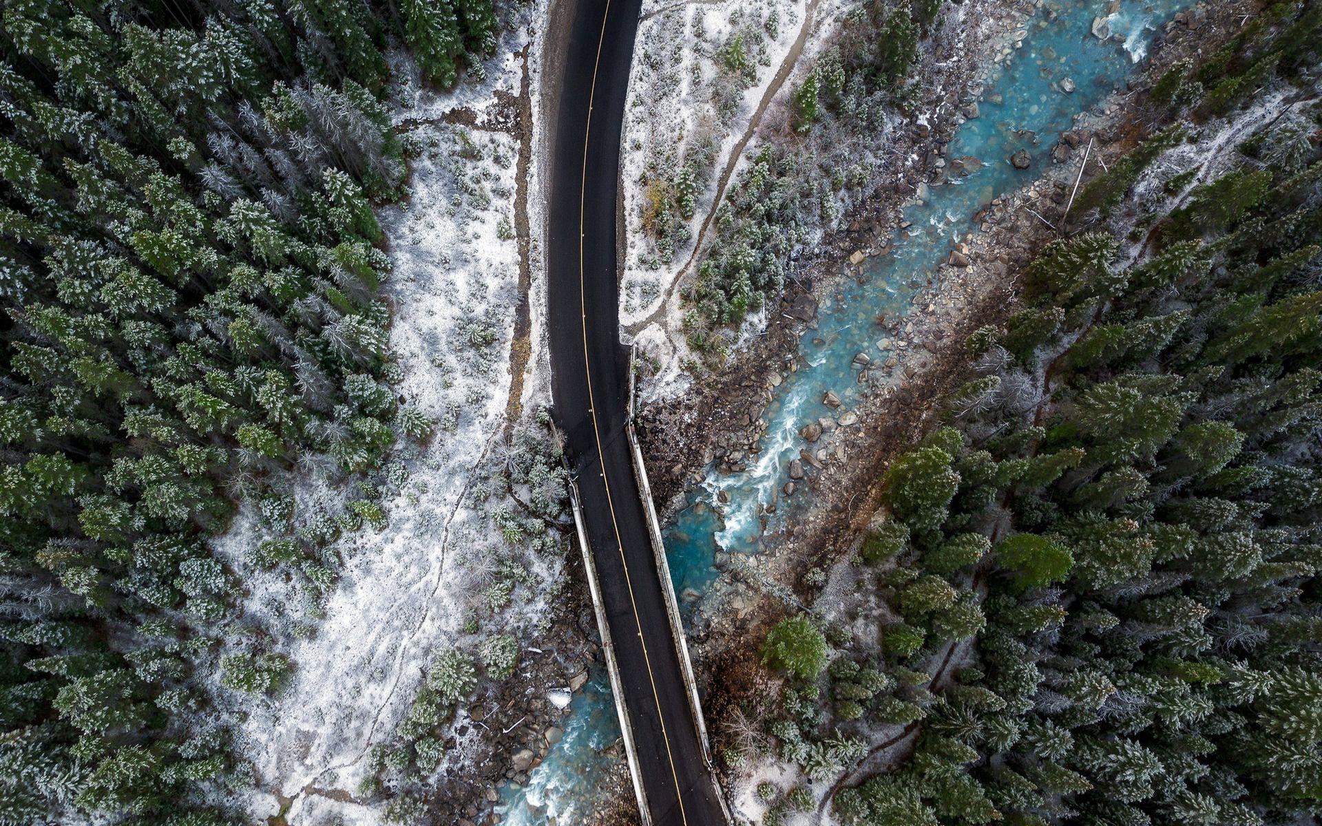 1920x1200 Download wallpaper beautiful river, aerial view, forest, asphalt