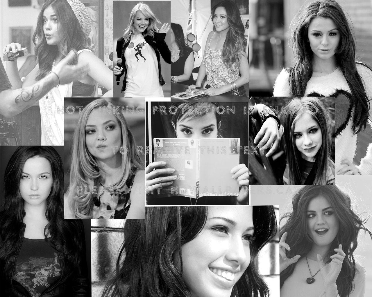 1280x1024 black and white collage lucy hale avril bw