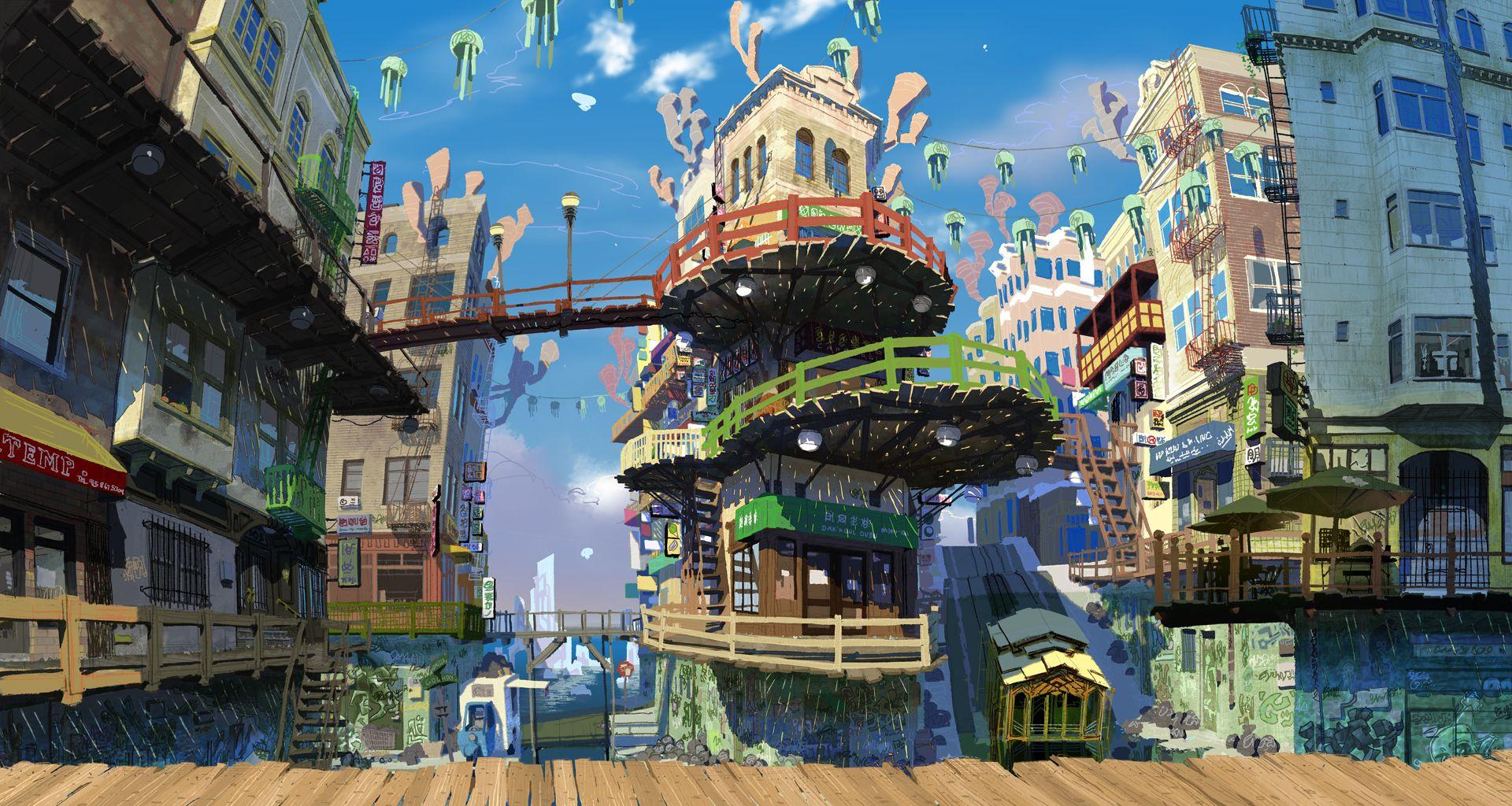 1920x1024 Original anime city detail scenic art wallpaperx1024