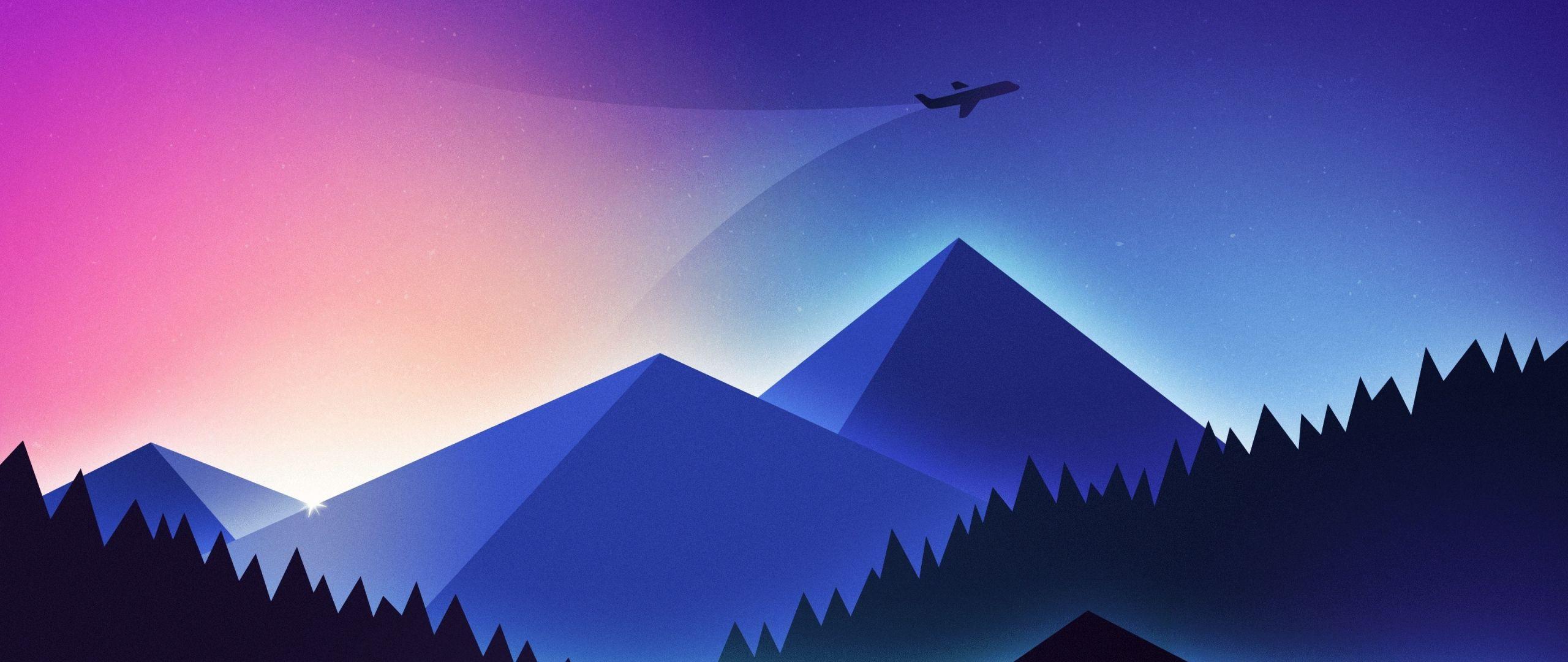 2560x1080 Download 2560x1080 wallpaper minimalism, airplane over mountains