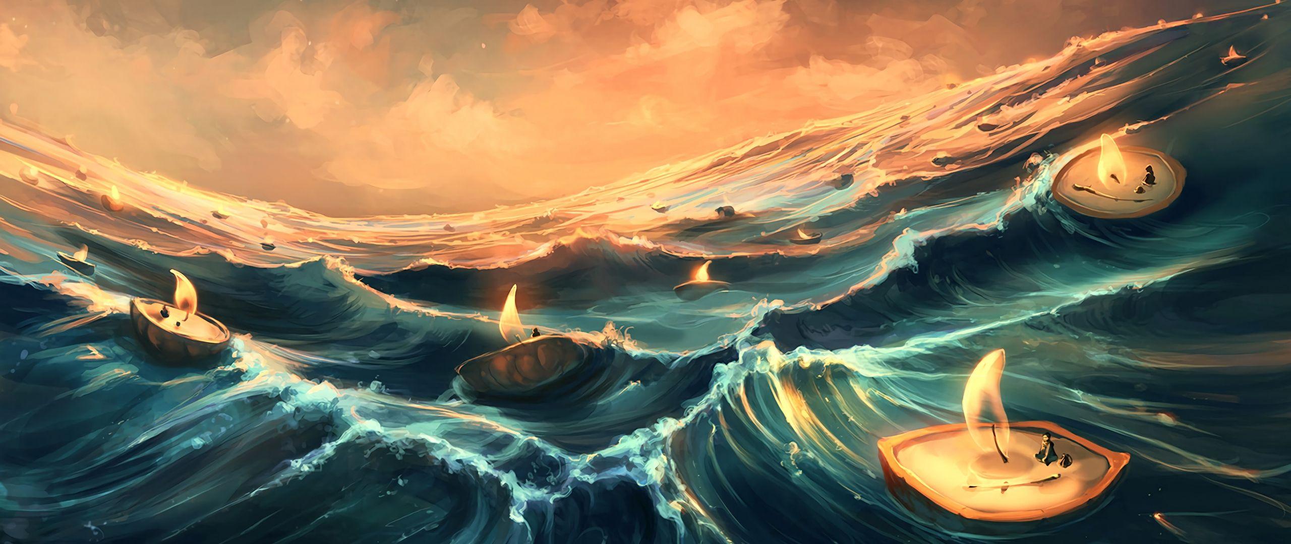 2560x1080 Download wallpaper 2560x1080 sea, candles, waves, art, fantasy