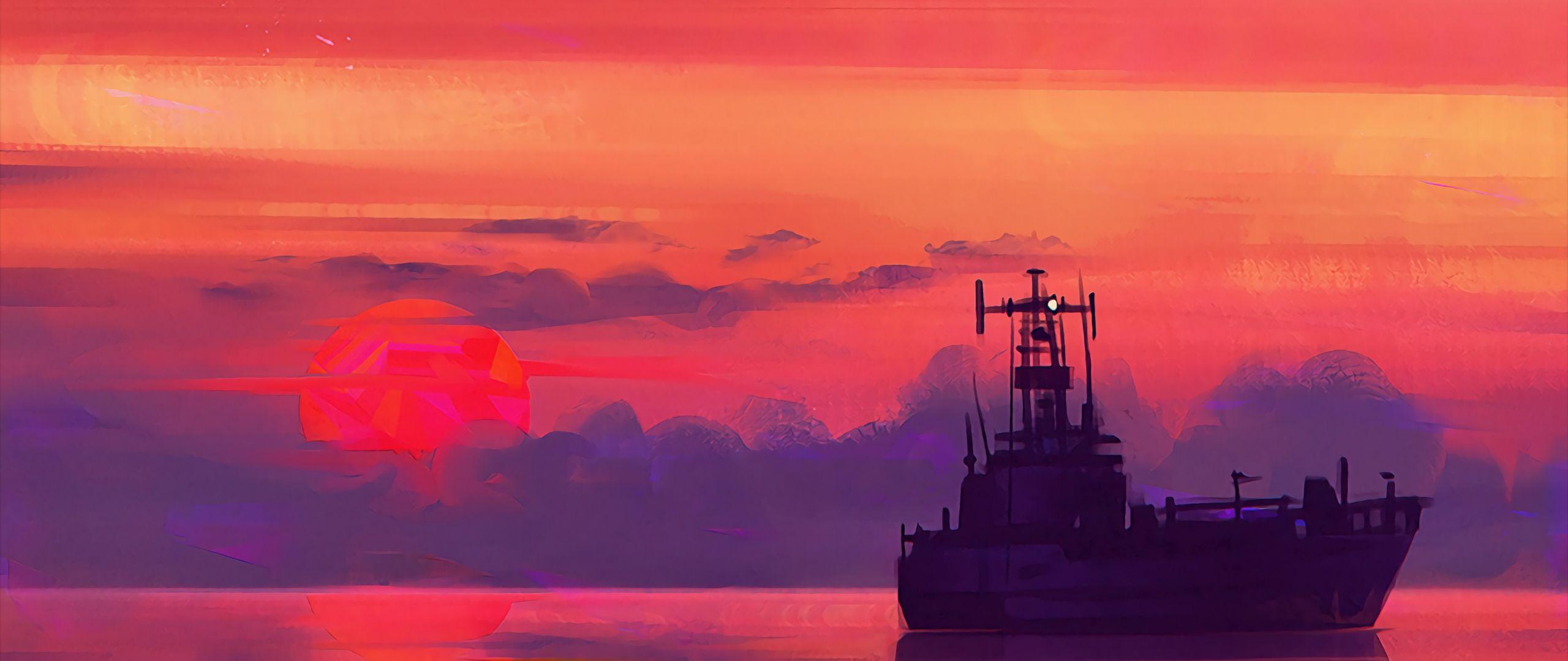2560x1080 Download wallpaper 2560x1080 ship, art, sea, sunset, horizon, sky