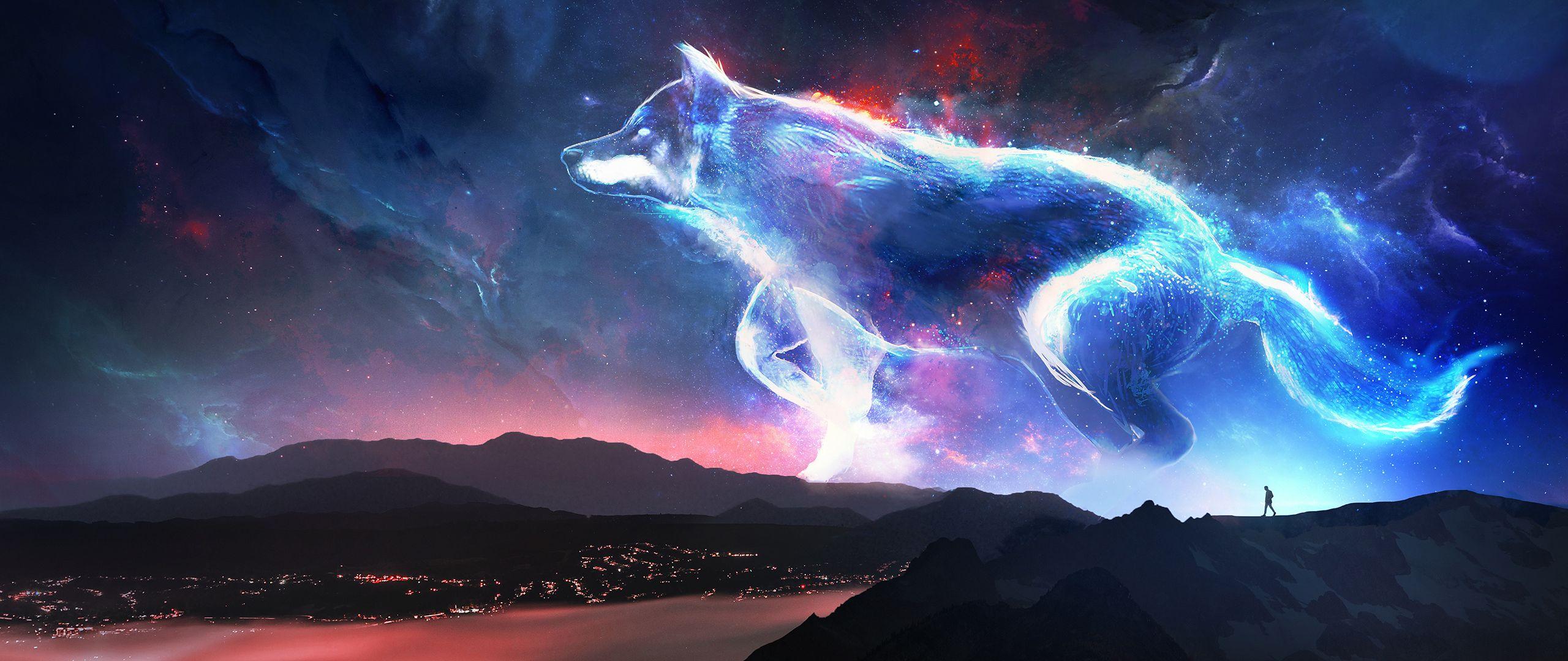 2560x1080 Download 2560x1080 wallpaper wolf, mountains, fantasy, sky, art