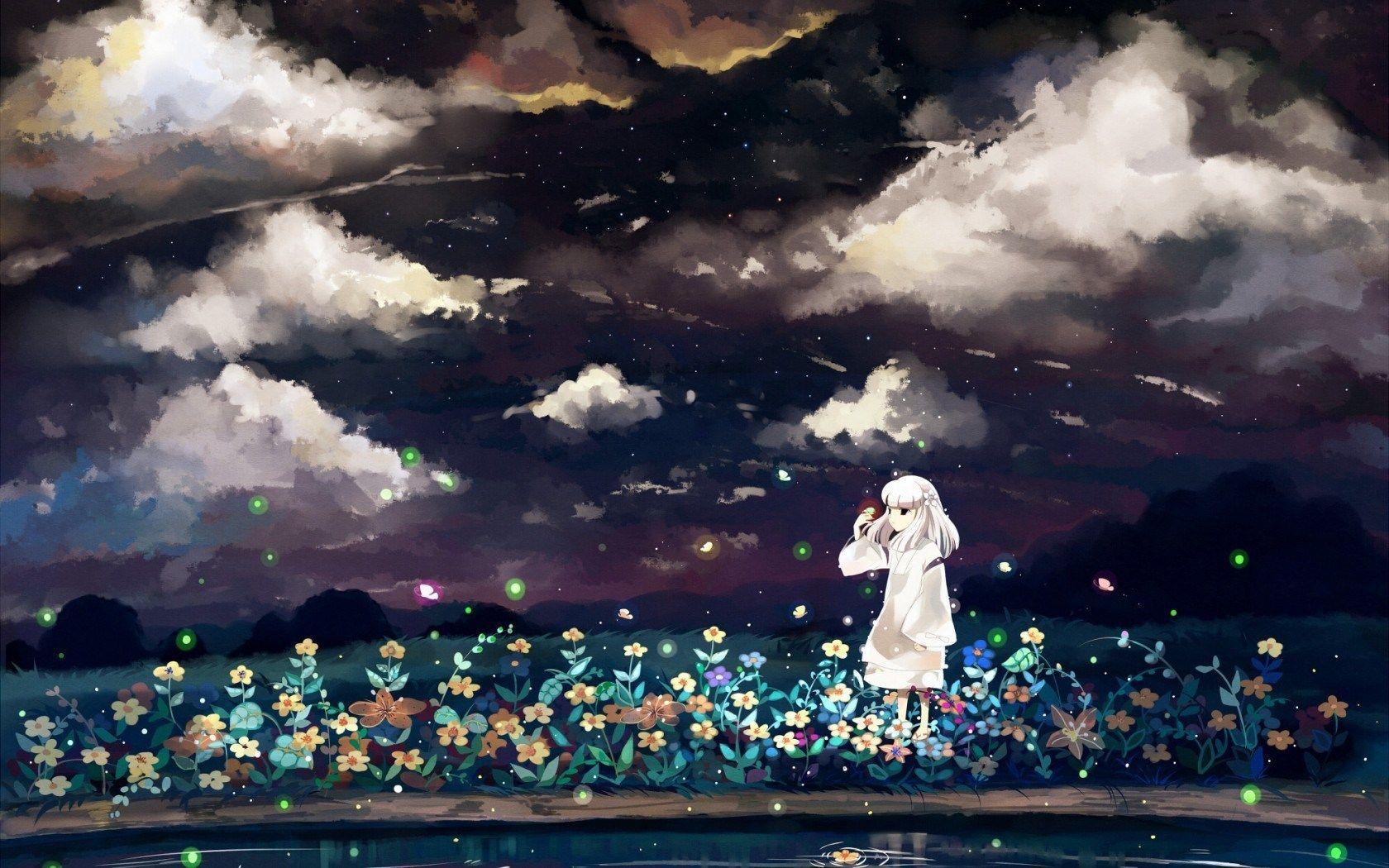 1680x1050 Anime Art Girl Night Flowers Sky