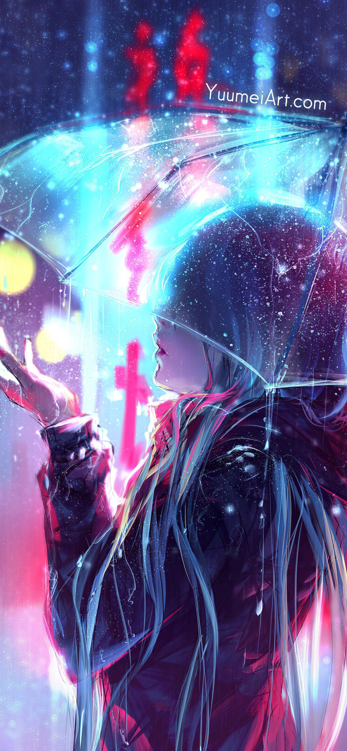1125x2436 Raining Anime Girl Blur Lights 4k iPhone XS, iPhone 10