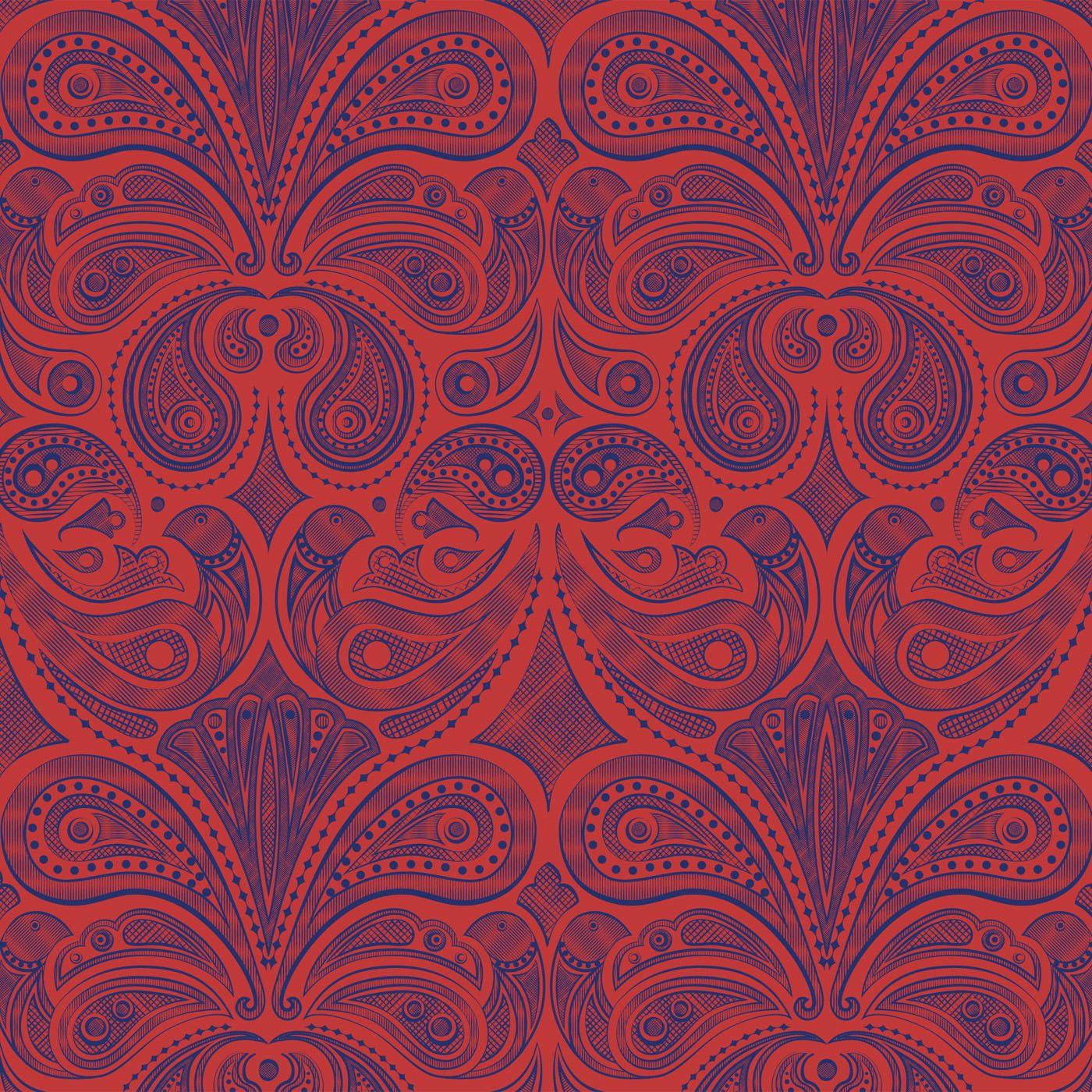 1400x1400 Bird Red and Navy Paisley Wallpaper