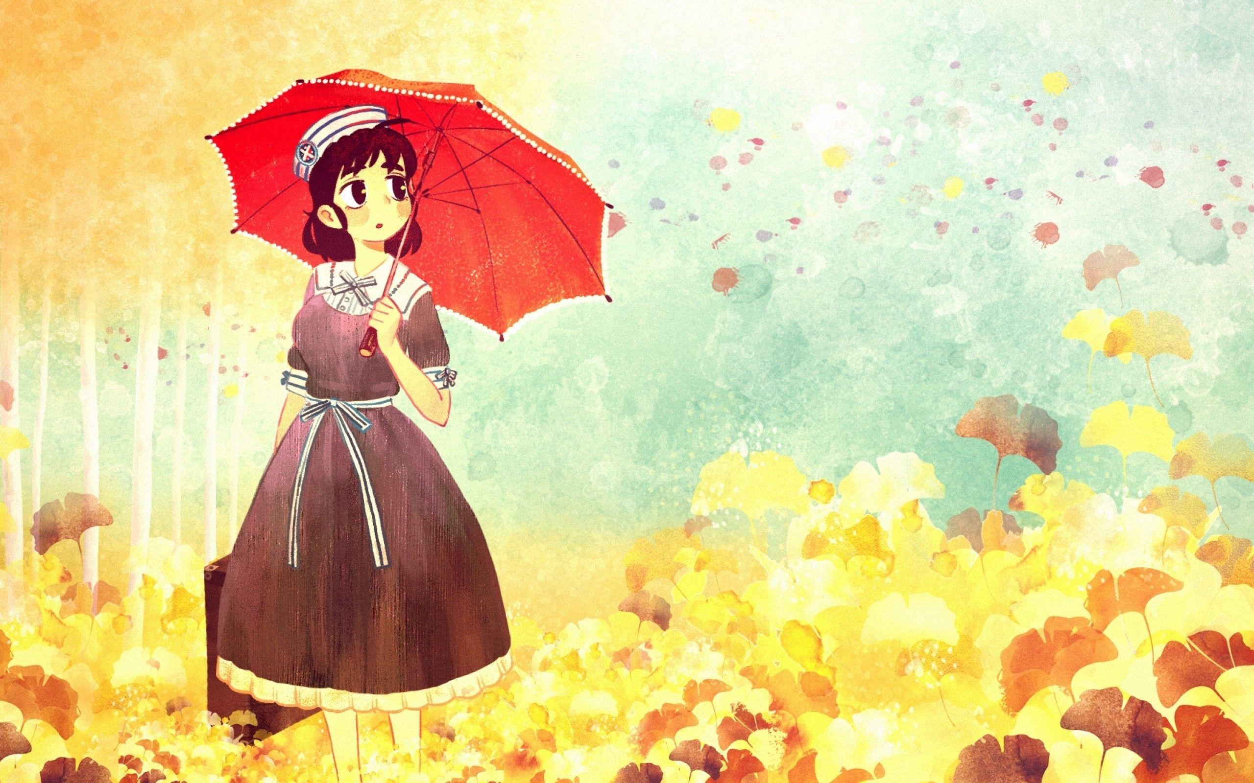 2560x1600 Download 2560x1600 Anime Girl, Pastel Colors, Umbrella, Autumn