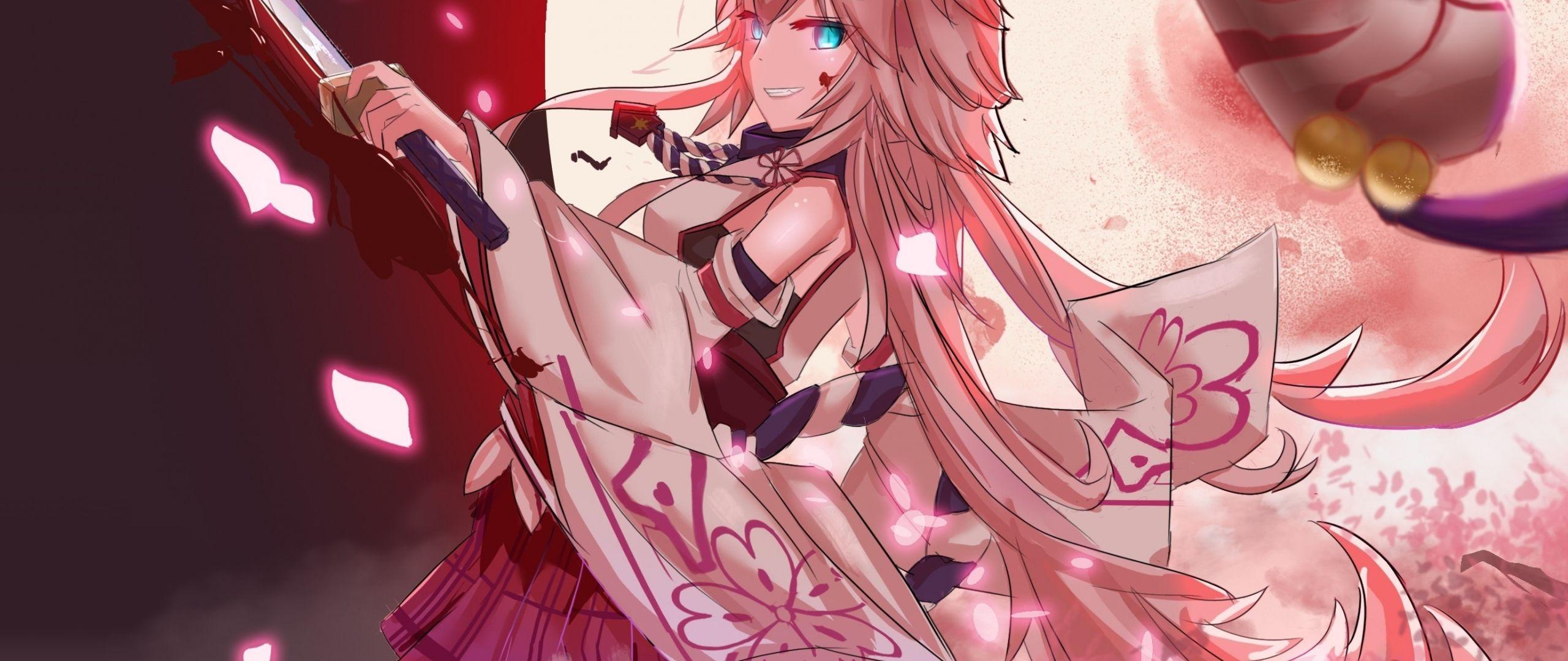 2560x1080 Download 2560x1080 wallpaper sword, mask, yae sakura, benghuai