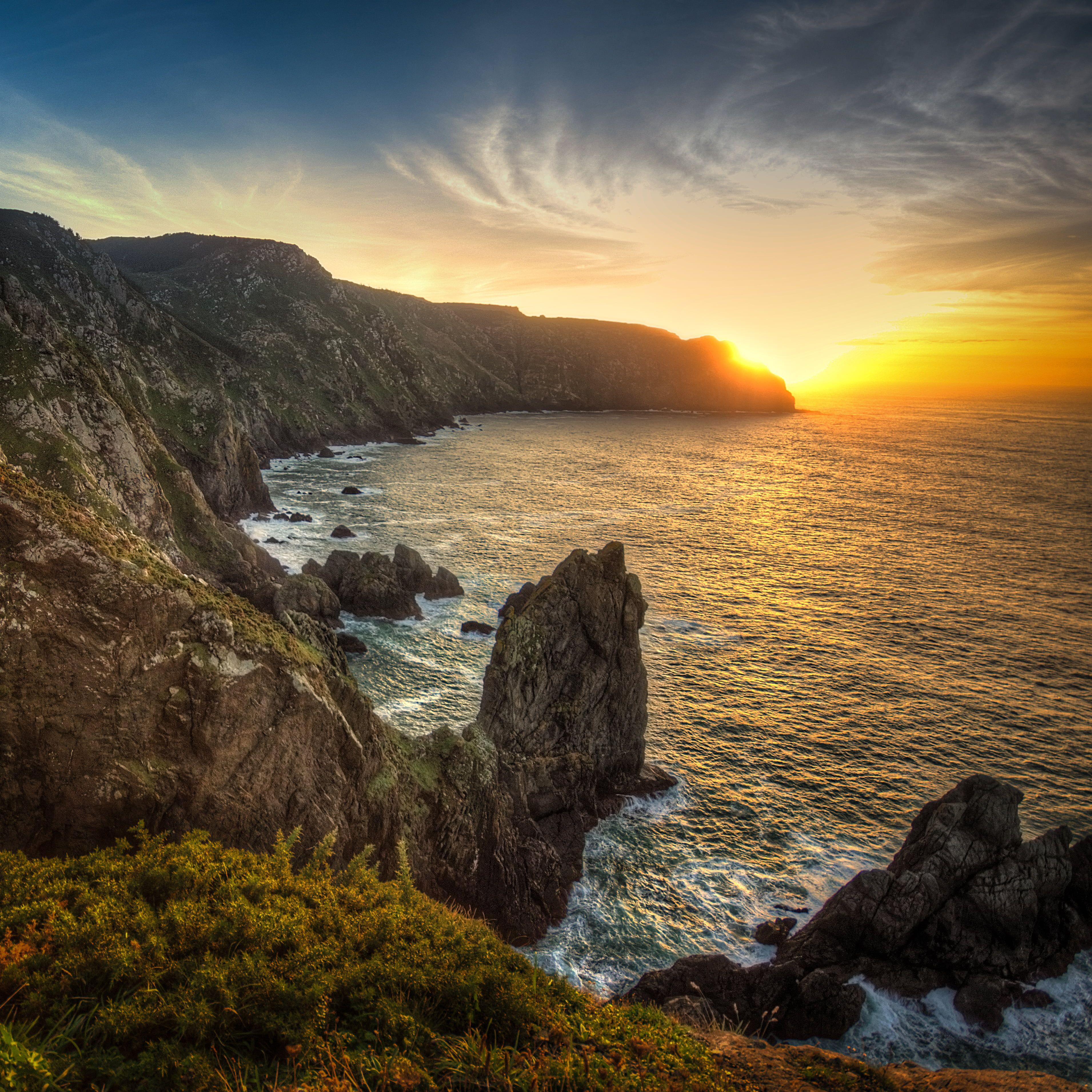 3821x3821 Rock formations on seashore during gold hour, galicia HD wallpaper