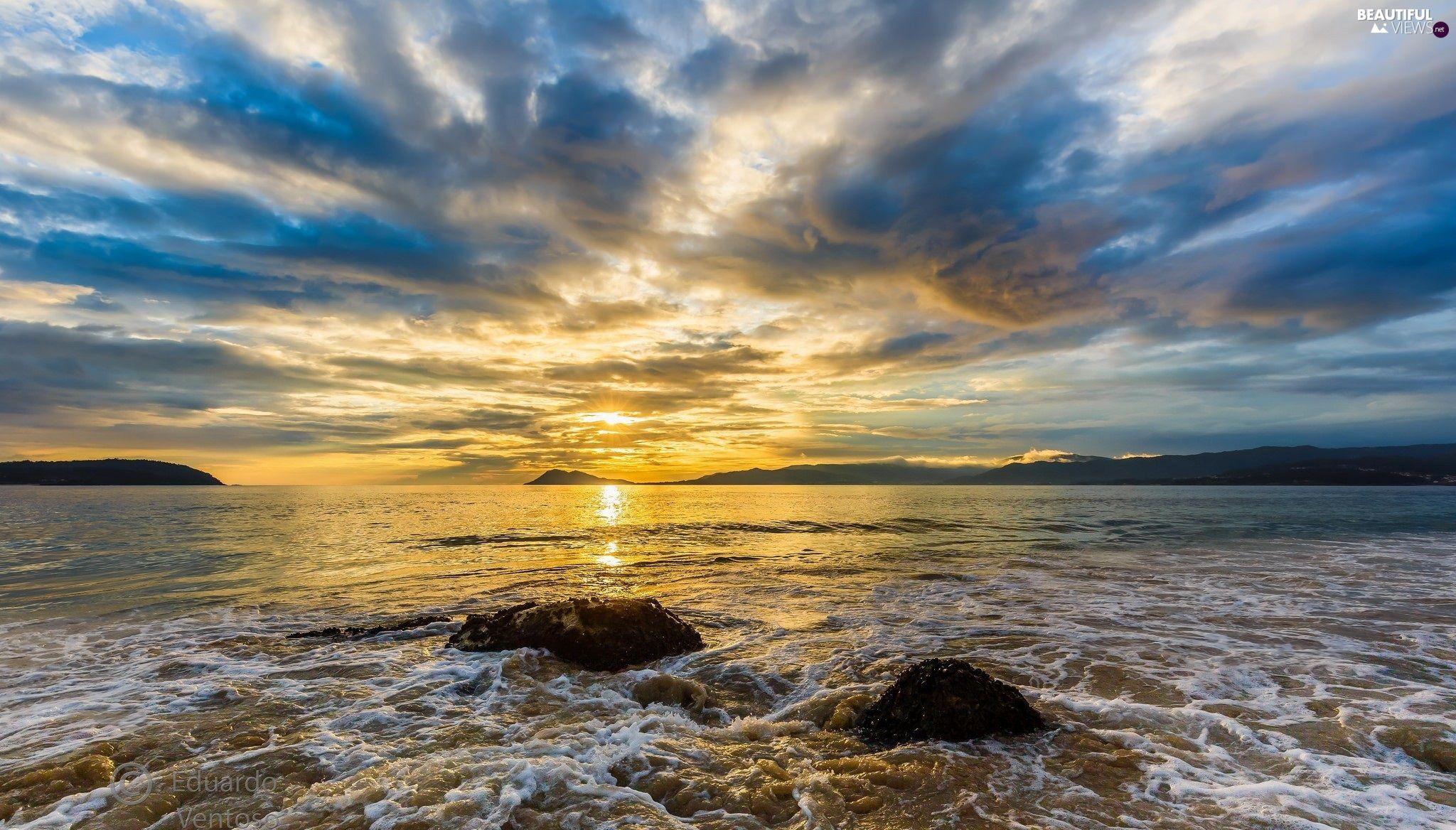 2048x1168 Playa de Coira Beach, Galicia, Sunrise, Portosin, Spain, sea