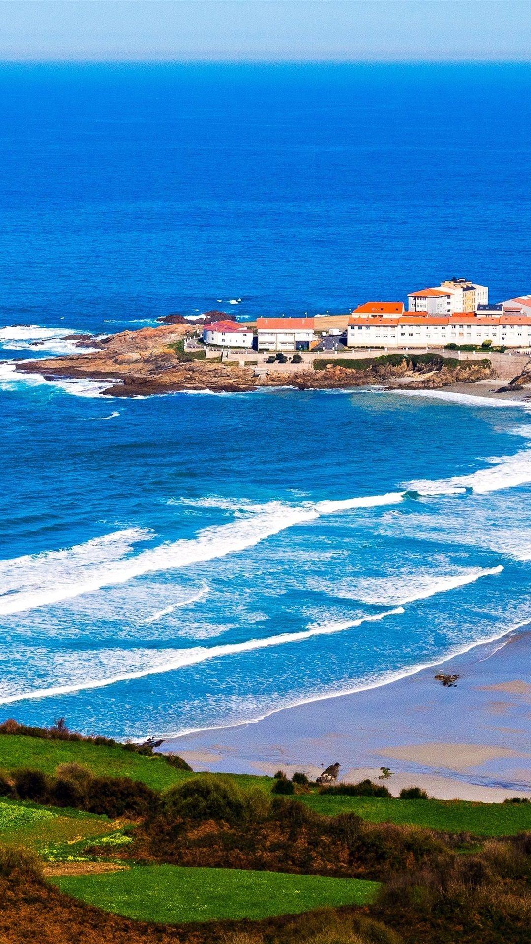 1080x1920 Wallpaper Galicia, Spain, cape, houses, sea, waves 3840x2160 UHD