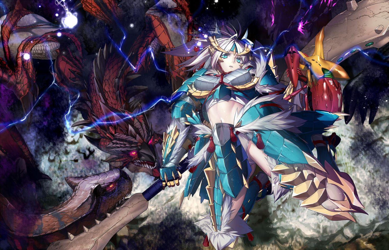 1470x945 aqua eyes armor dragon hullabaloo monster hunter navel sarashi underwear weapon white hair zinogre (armor). konachan.com.com Anime Wallpaper