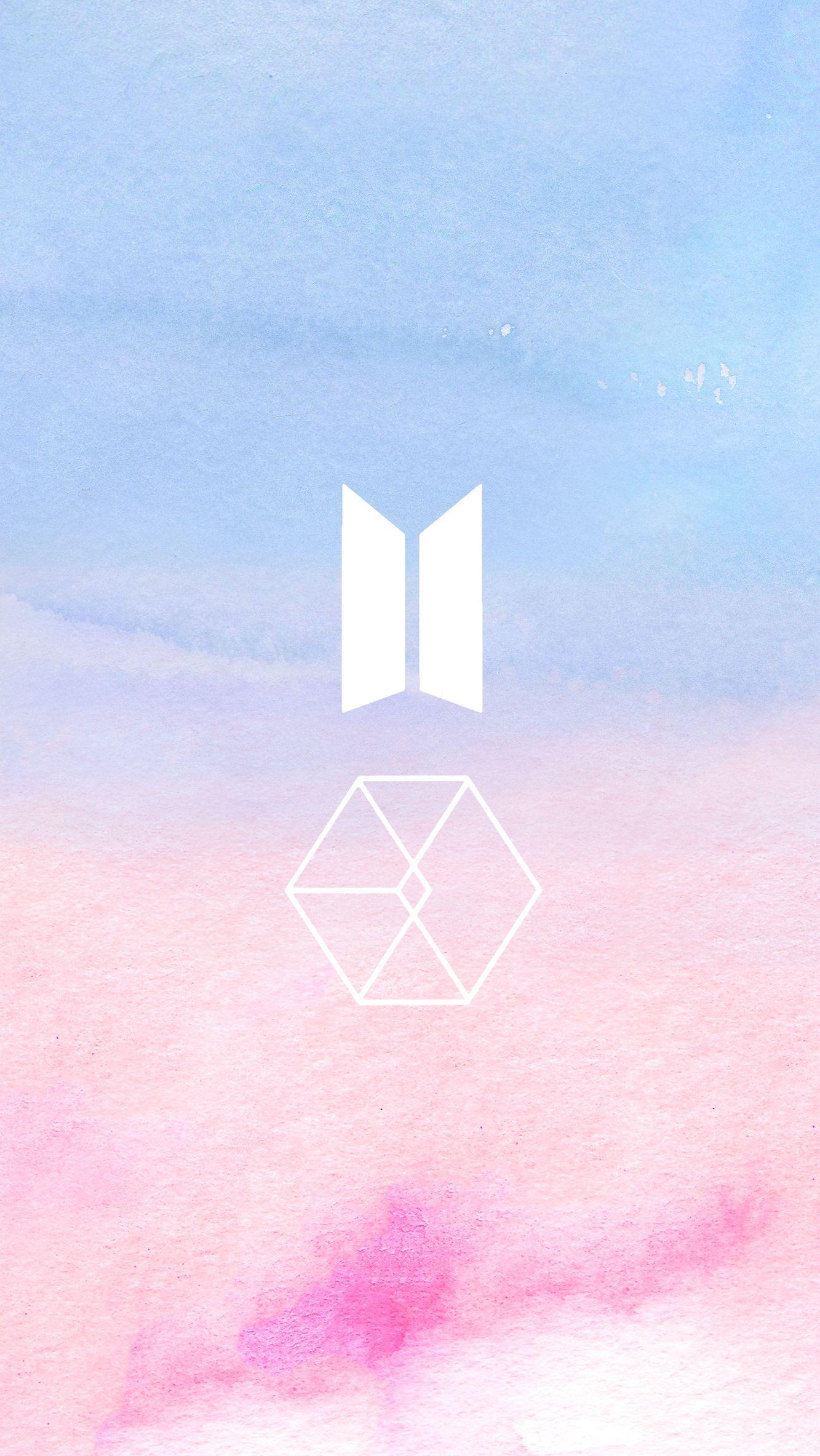 1333x2367 BTS and EXO's symbol over a pink and blue watercolor background