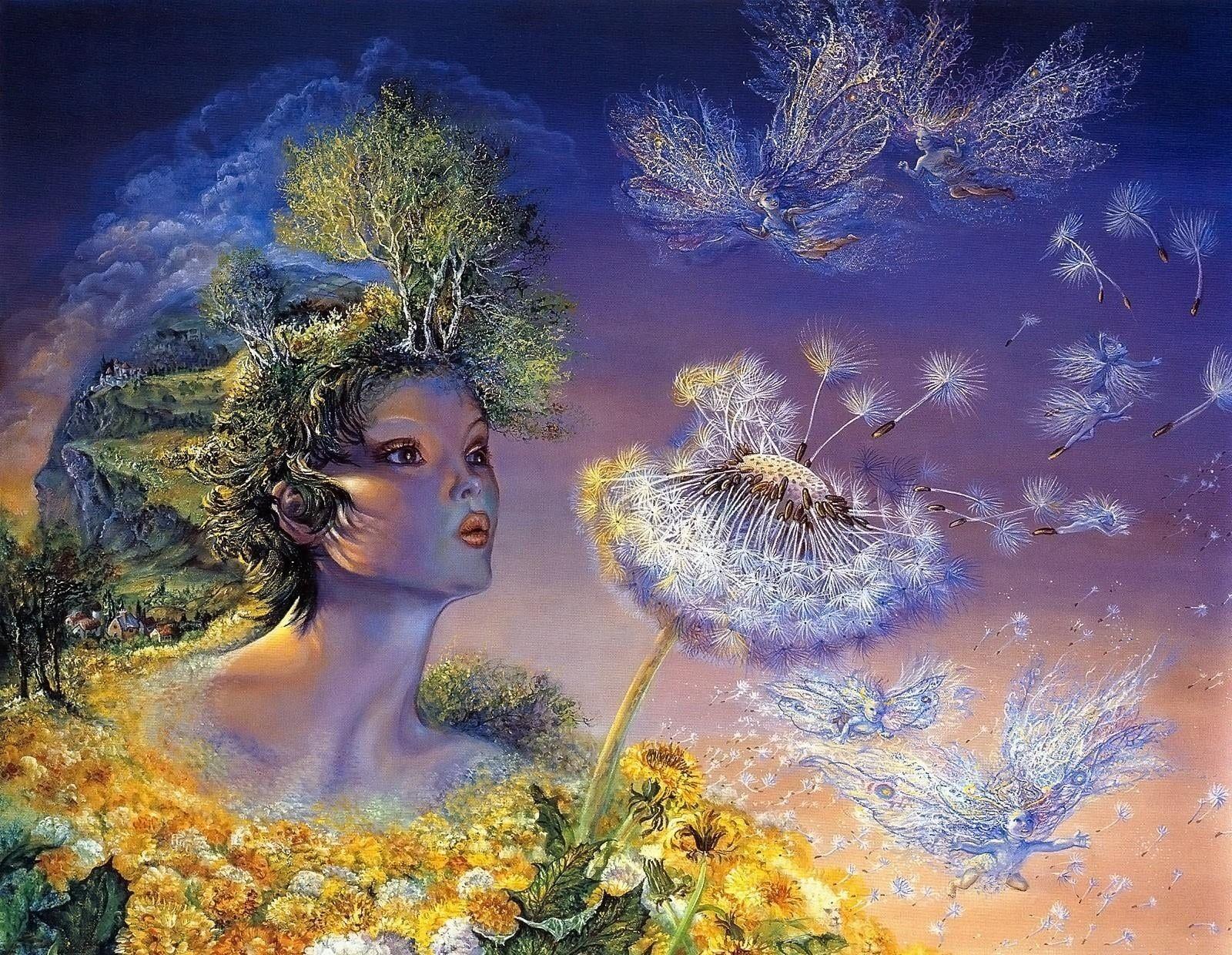 1600x1240 Mother earth blew white dandelion painting HD wallpaper
