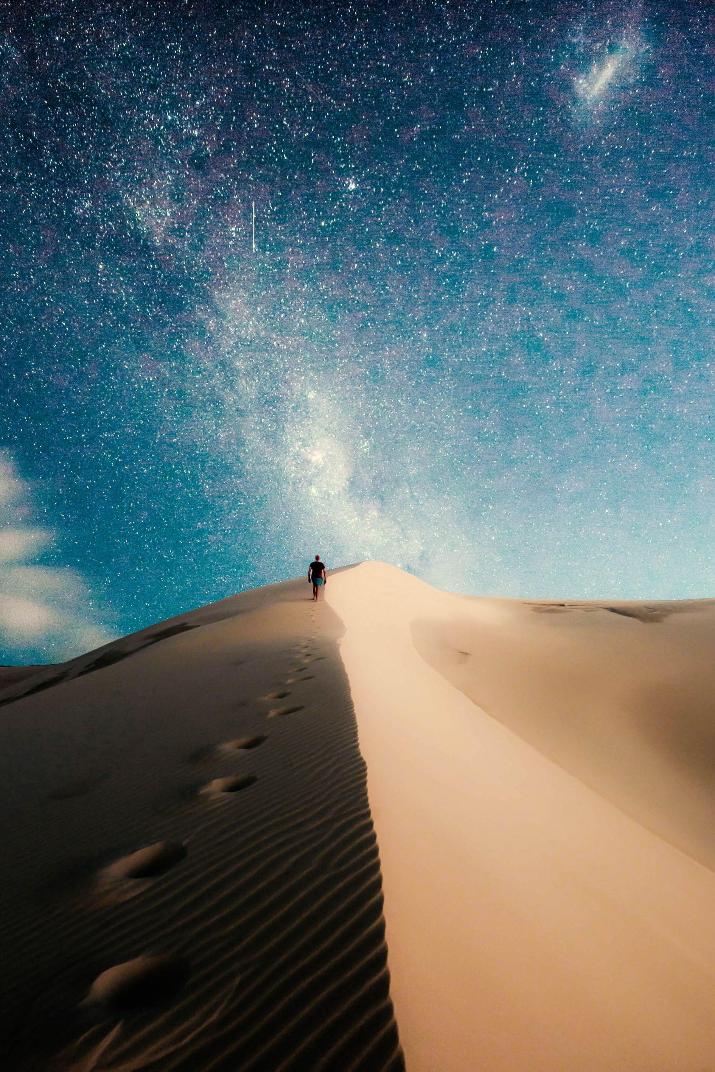 2400x3600 desert #man #person #sand #night #stars #sky #blue #dune