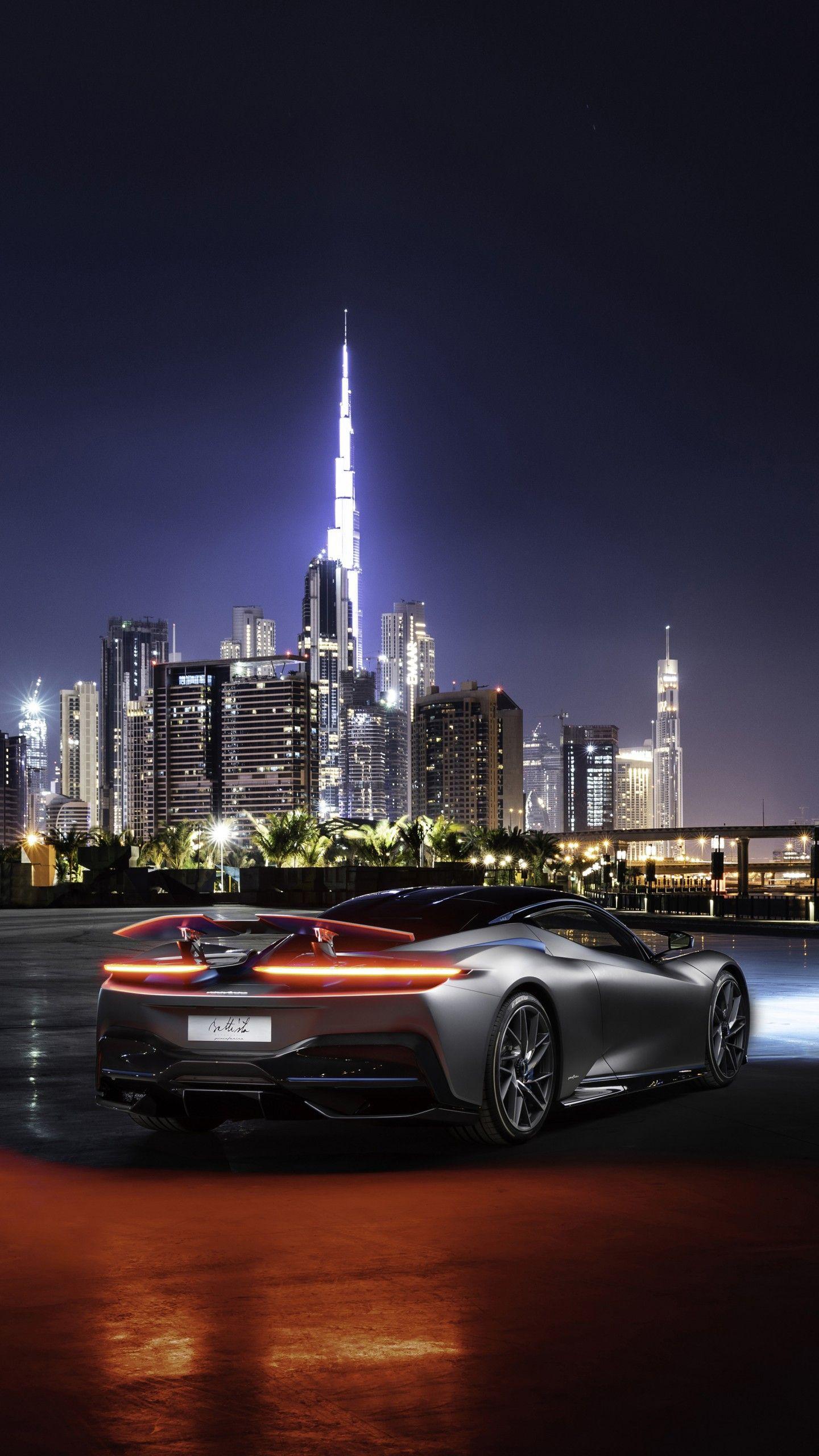 1440x2560 Wallpaper Pininfarina Battista, Dubai, Cityscape, Night, 5K