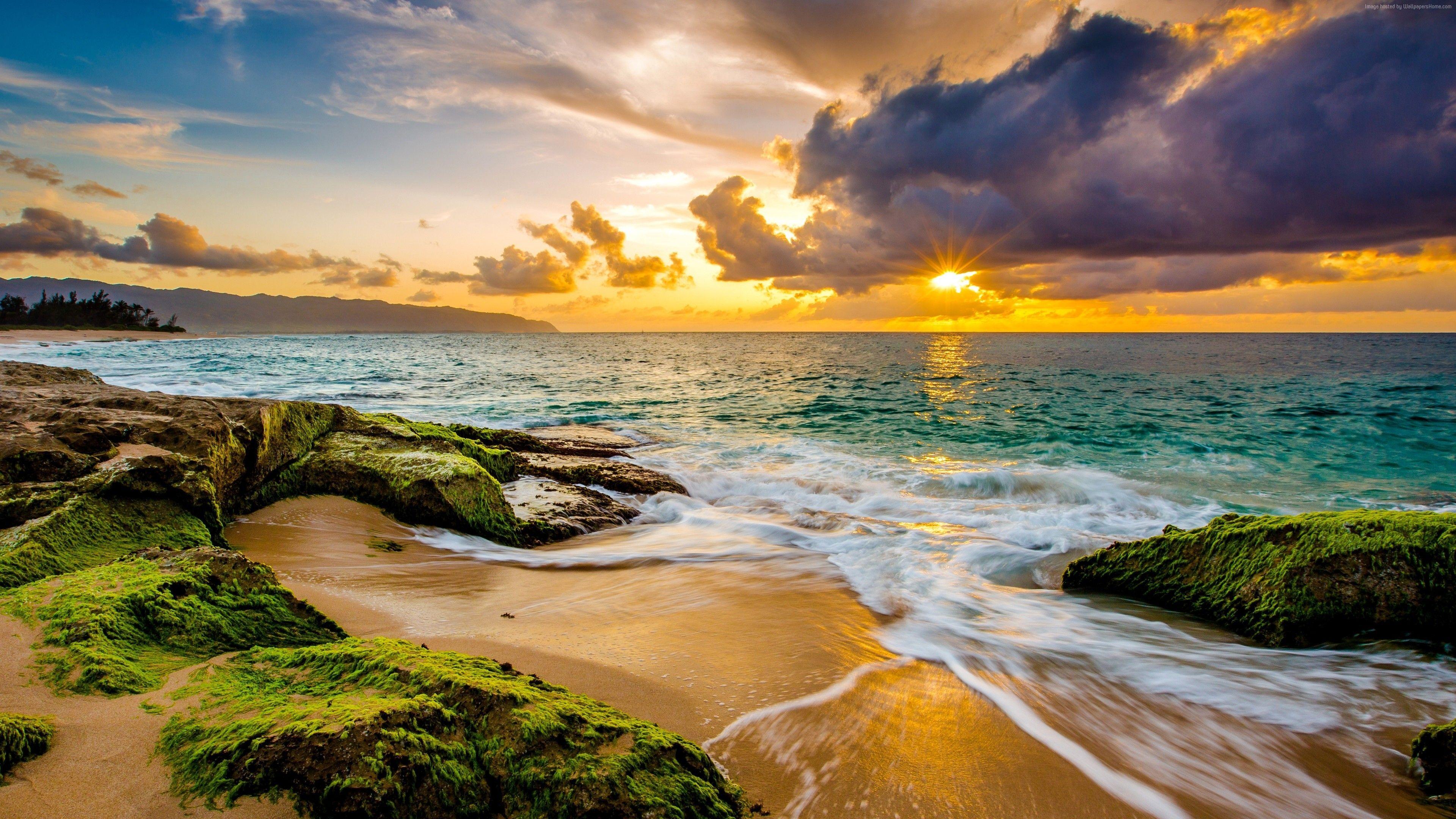 3840x2160 Wallpaper Hawaii, sunset, beach, ocean, coast, sky, 4k, Travel
