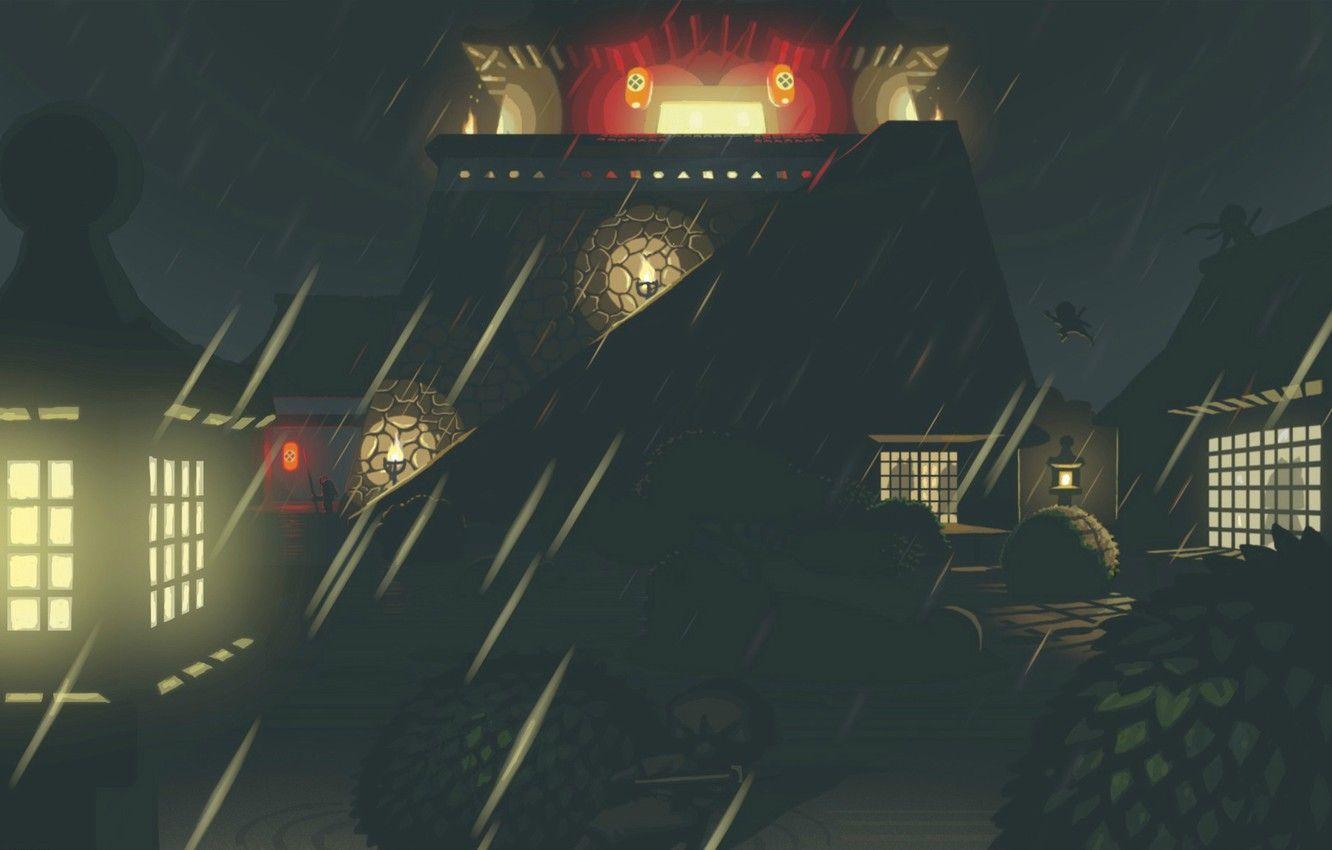1332x850 Wallpaper night, castle, rain, roof, lights, the light in