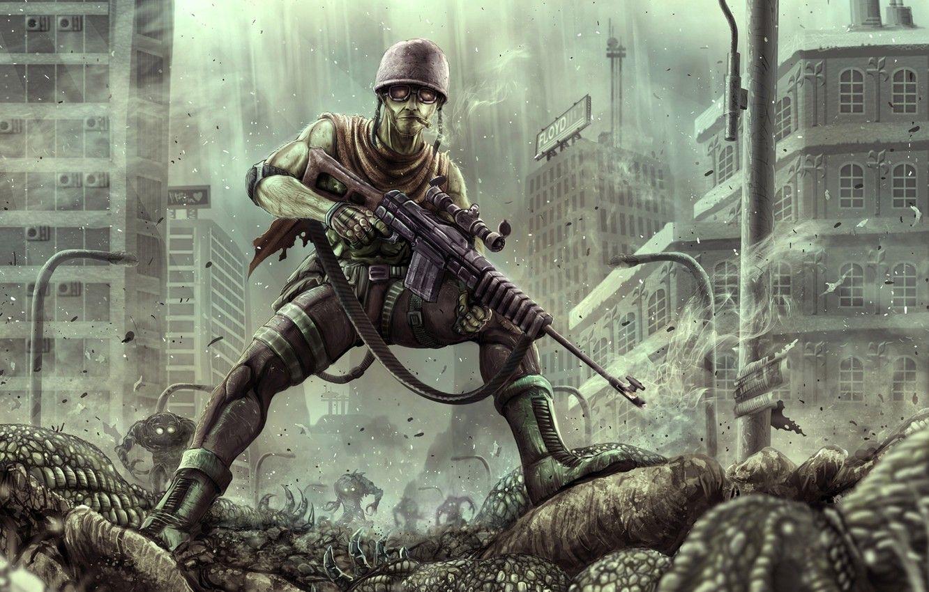 1332x850 Wallpaper the city, monsters, cigar, devastation, Soldiers, rifle