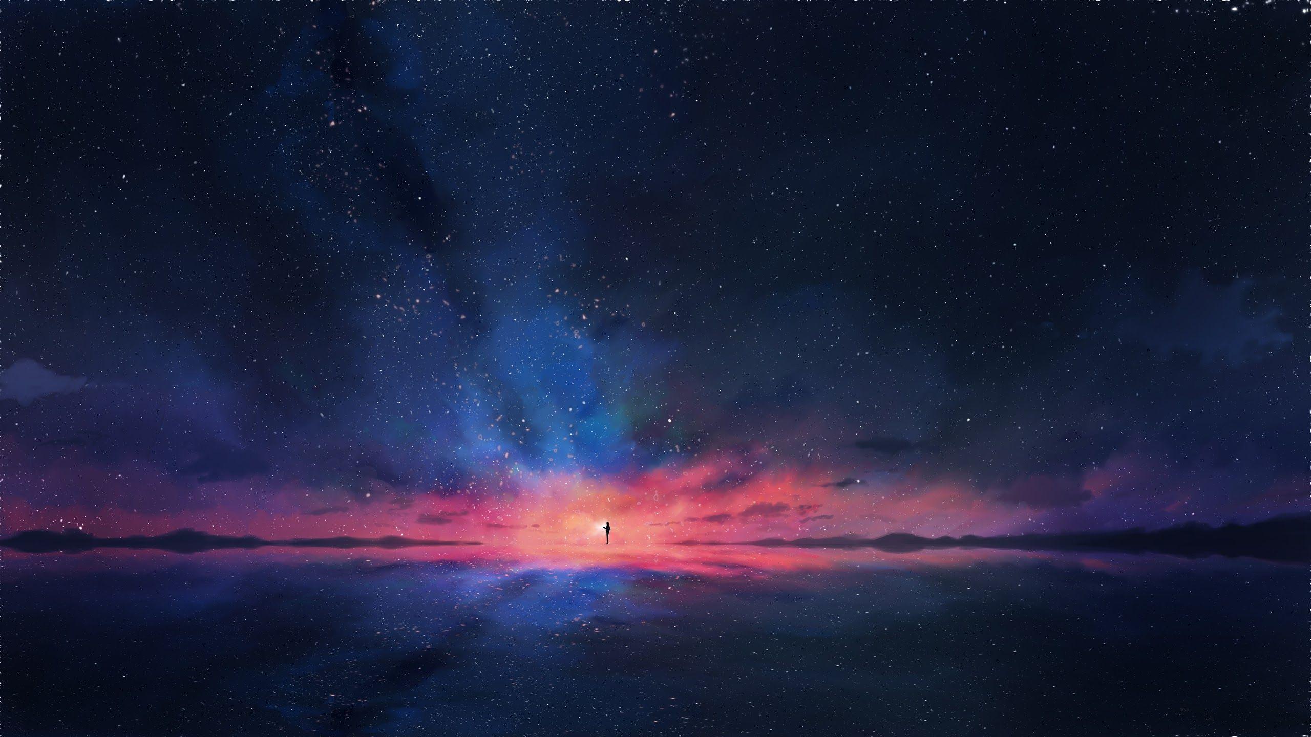 2560x1440 Anime, Night, Sky, Stars, Horizon, Scenery, 4k
