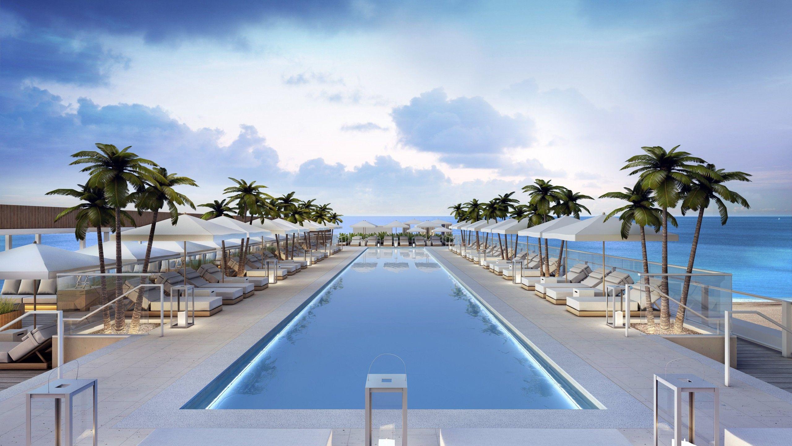 2560x1440 Wallpaper Miami, south beach, hotel, pool, sunbed, water, palm