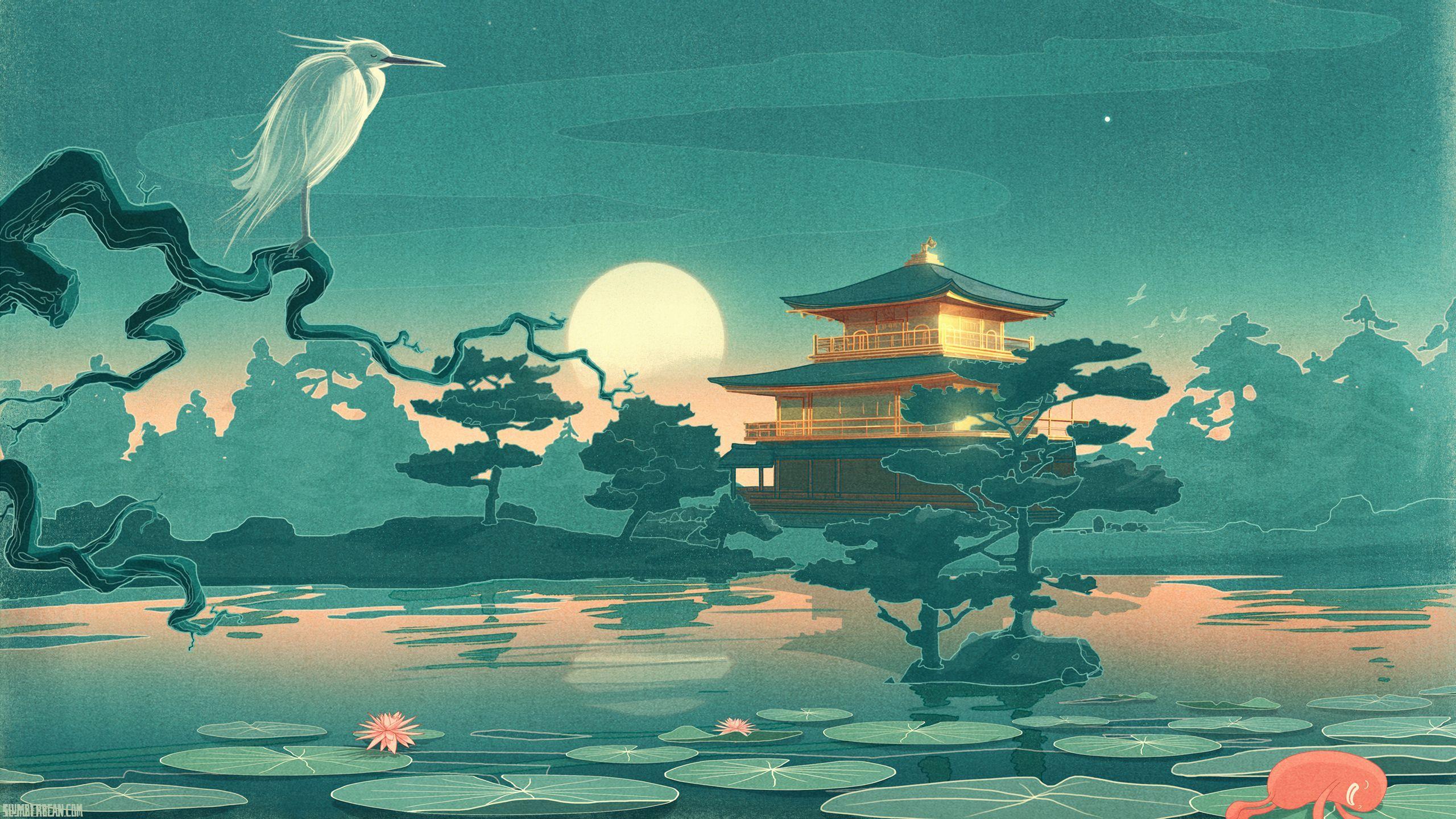 2560x1440 Landscape Figure Japan House Temple Lake Trees Herons Lily Moon