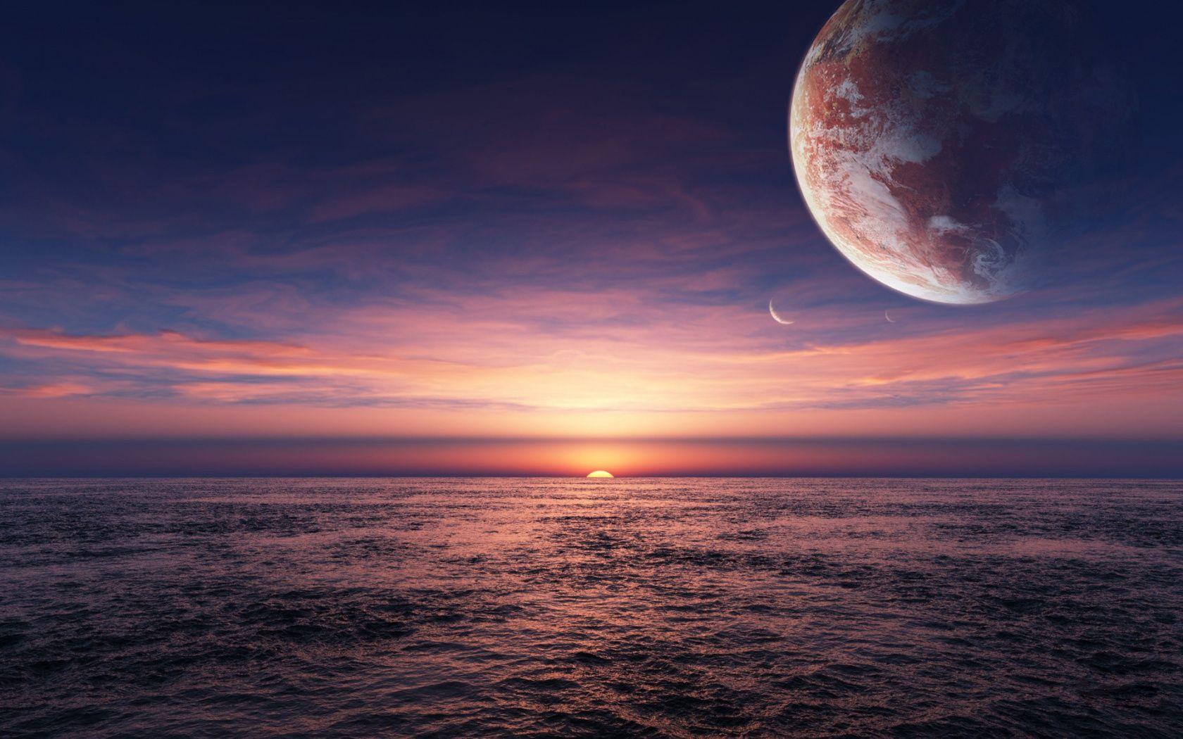 1680x1050 Fantasy Solaris Sea Moon Wallpaper