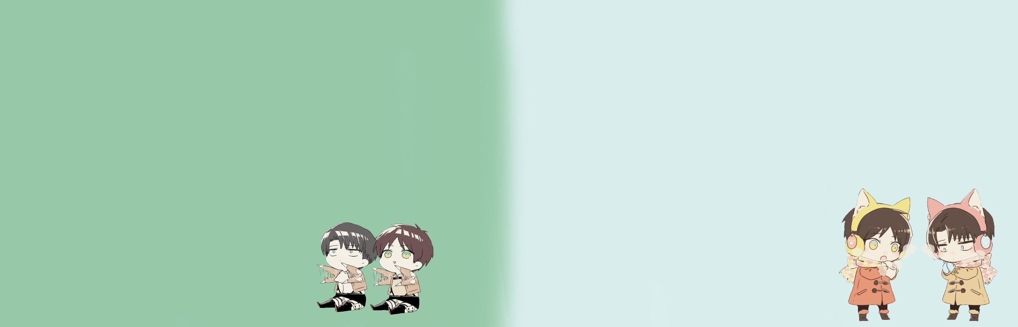 3360x1080 Eren and Levi chibi wallpaper (Attack on Titan) 3360 x 1080