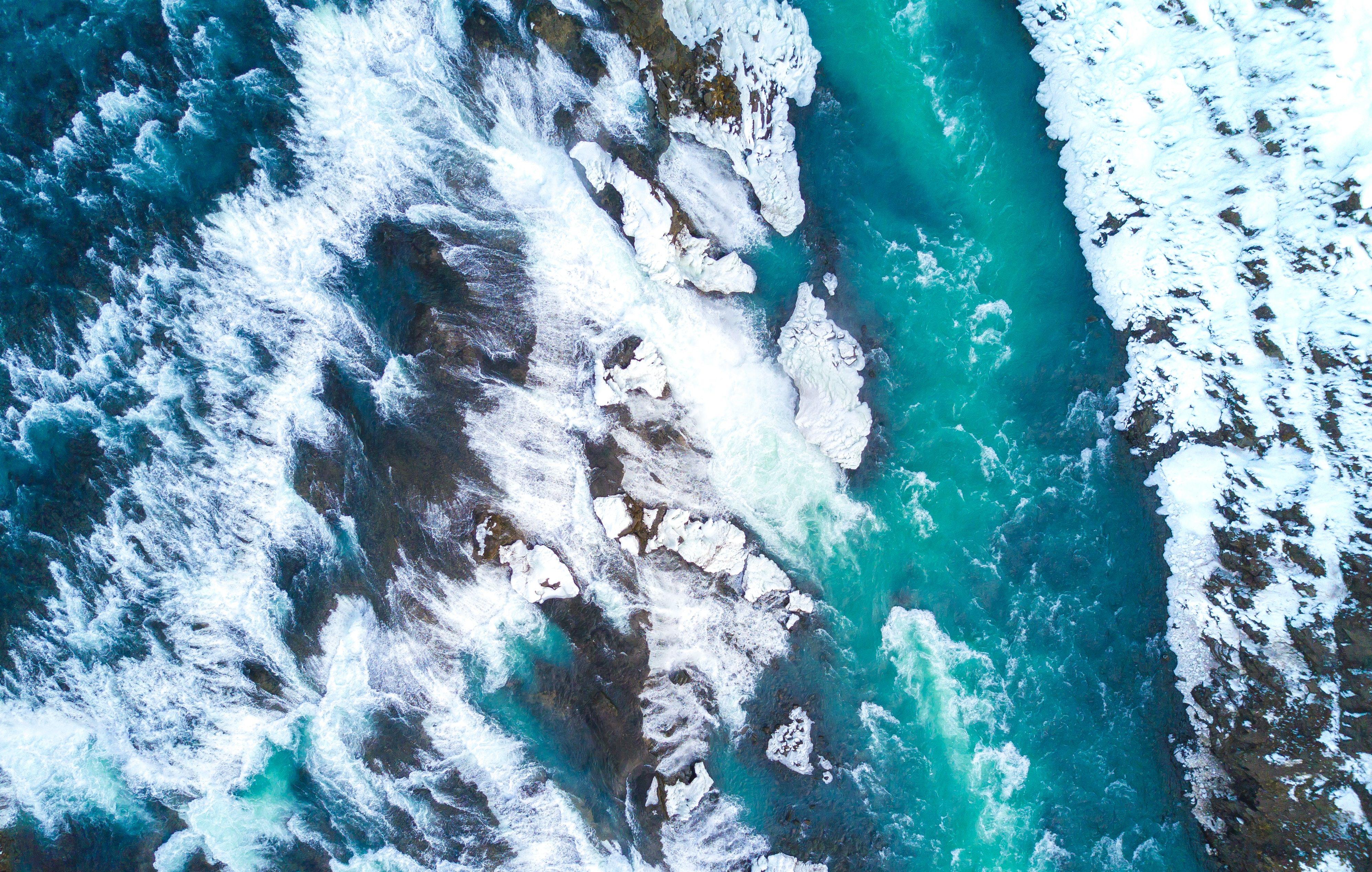 3992x2538 Wallpaper Gullfoss waterfall, Aerial view, Iceland, 4K, Nature