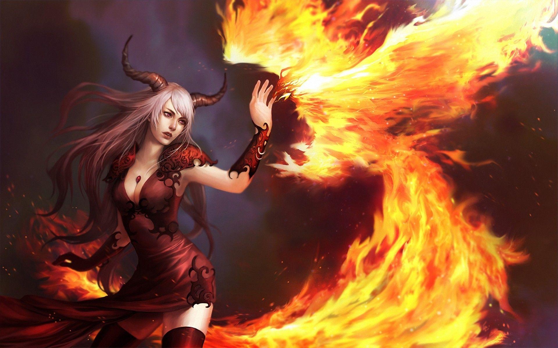 1920x1200 Download wallpaper girl, fire, bird, the demon, art, horns