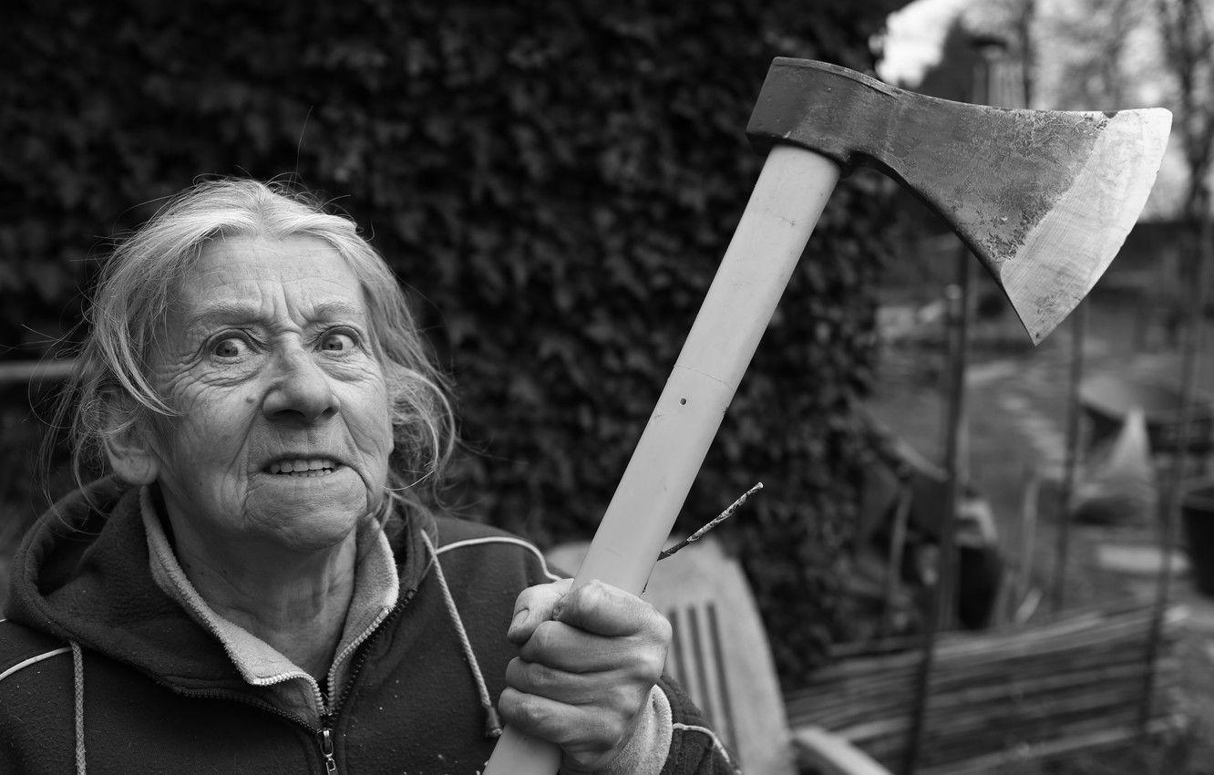 1332x850 Wallpaper axe, woman, angry, grandmother image for desktop