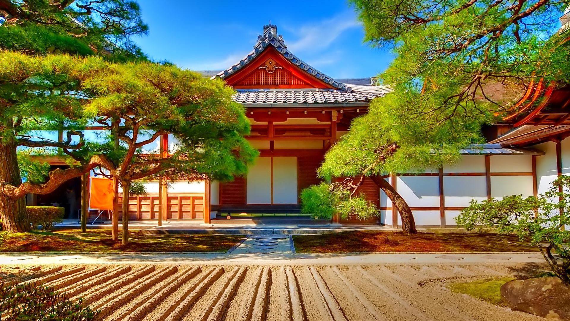 1920x1080 Houses: Lovely Japanese Pagoda House Sand Trees Graden Wallpaper