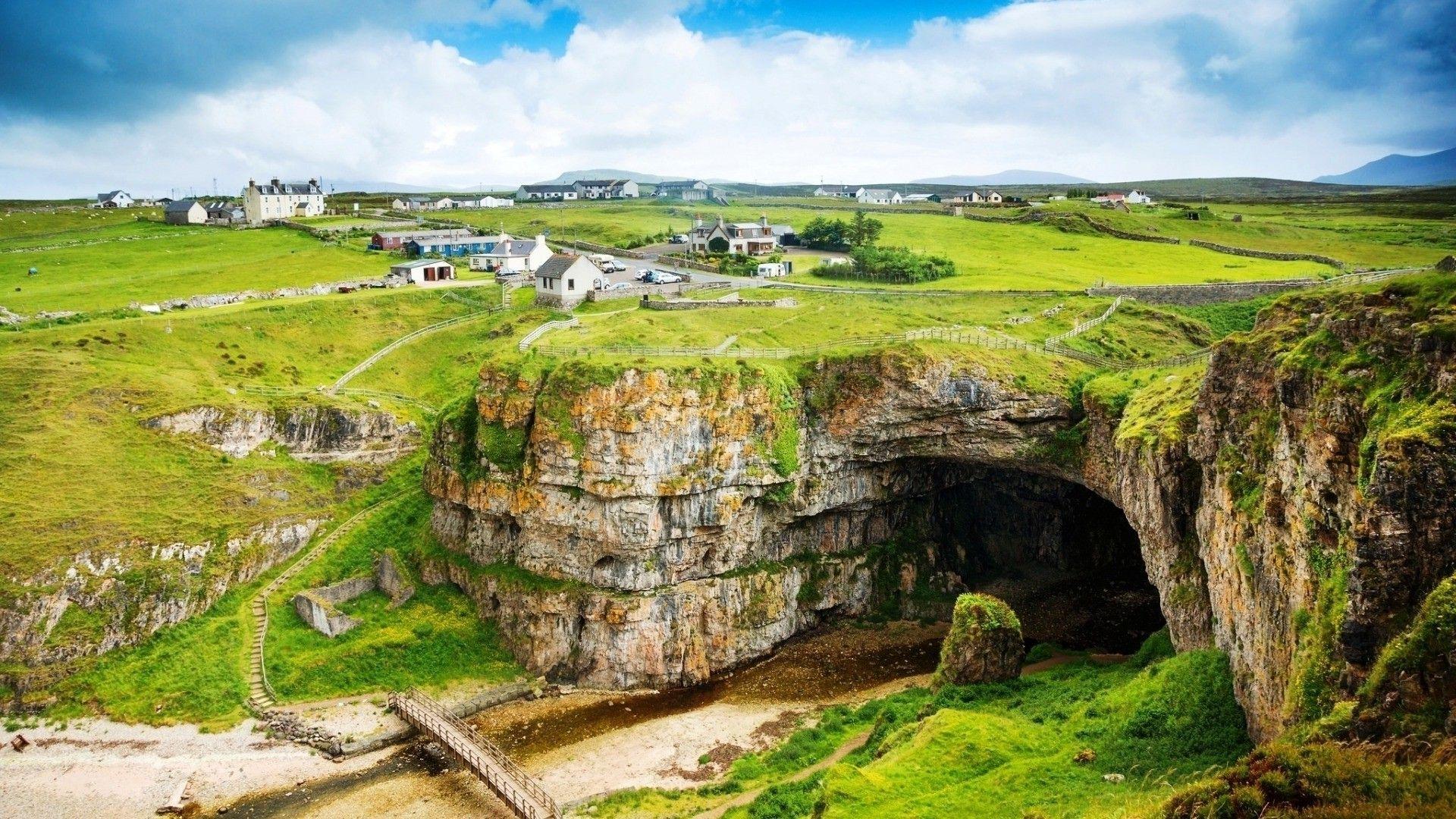 1920x1080 Scotland, Landscape, House, UK, Field, Cave, Clouds, Bridge, Rock