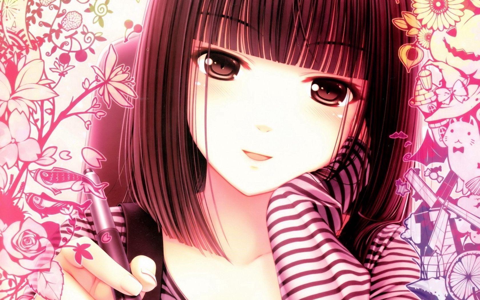 1680x1050 Download wallpaper 1680x1050 anime, girl, face, pen, white, pink