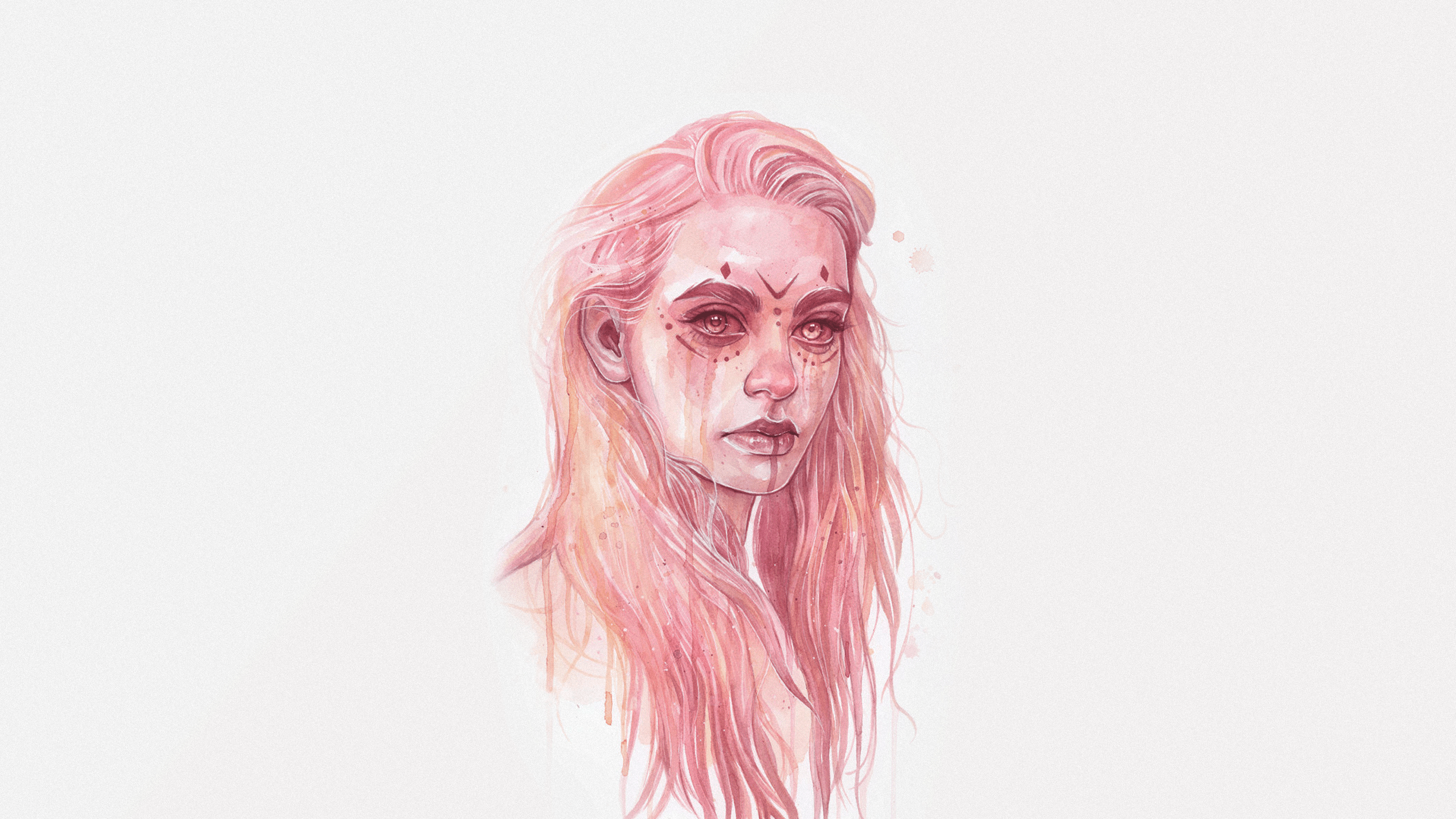2560x1440 Download 2560x1440 Fantasy Girl, Face Tattoo, Pink Hair Wallpaper